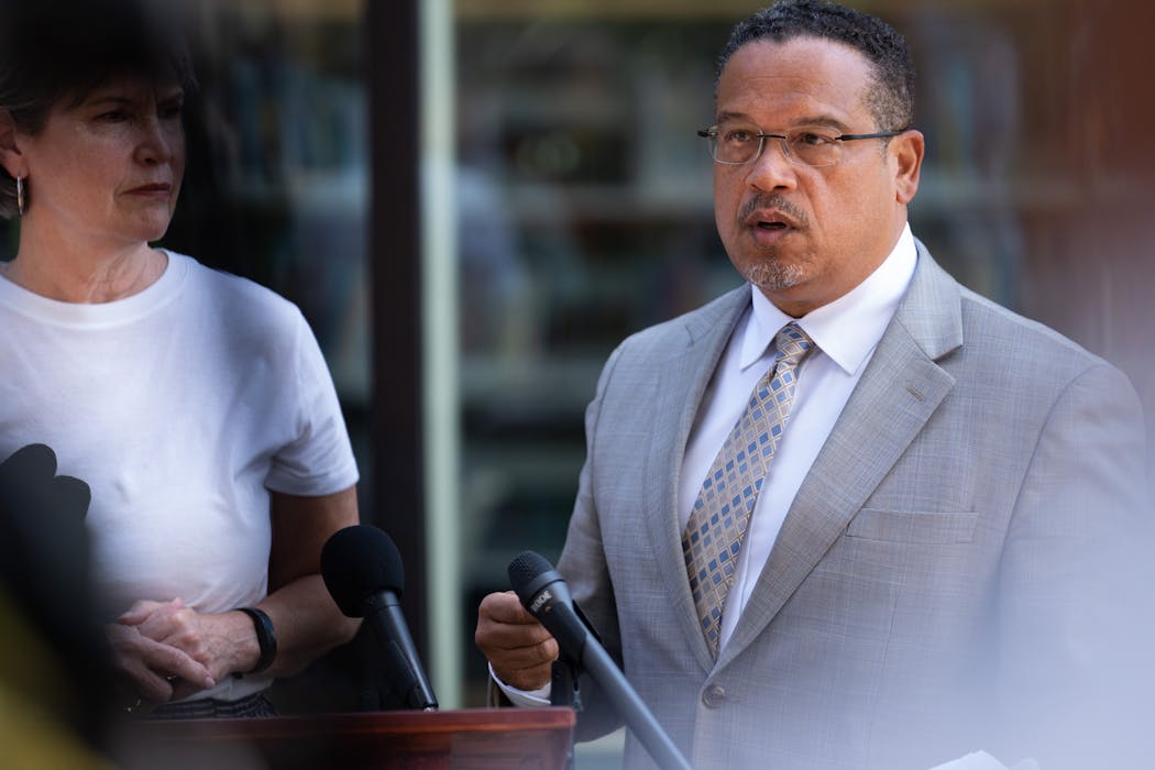 Attorney General Keith Ellison spoke with reporters after a closed-door discussion about gun violence in Maplewood.