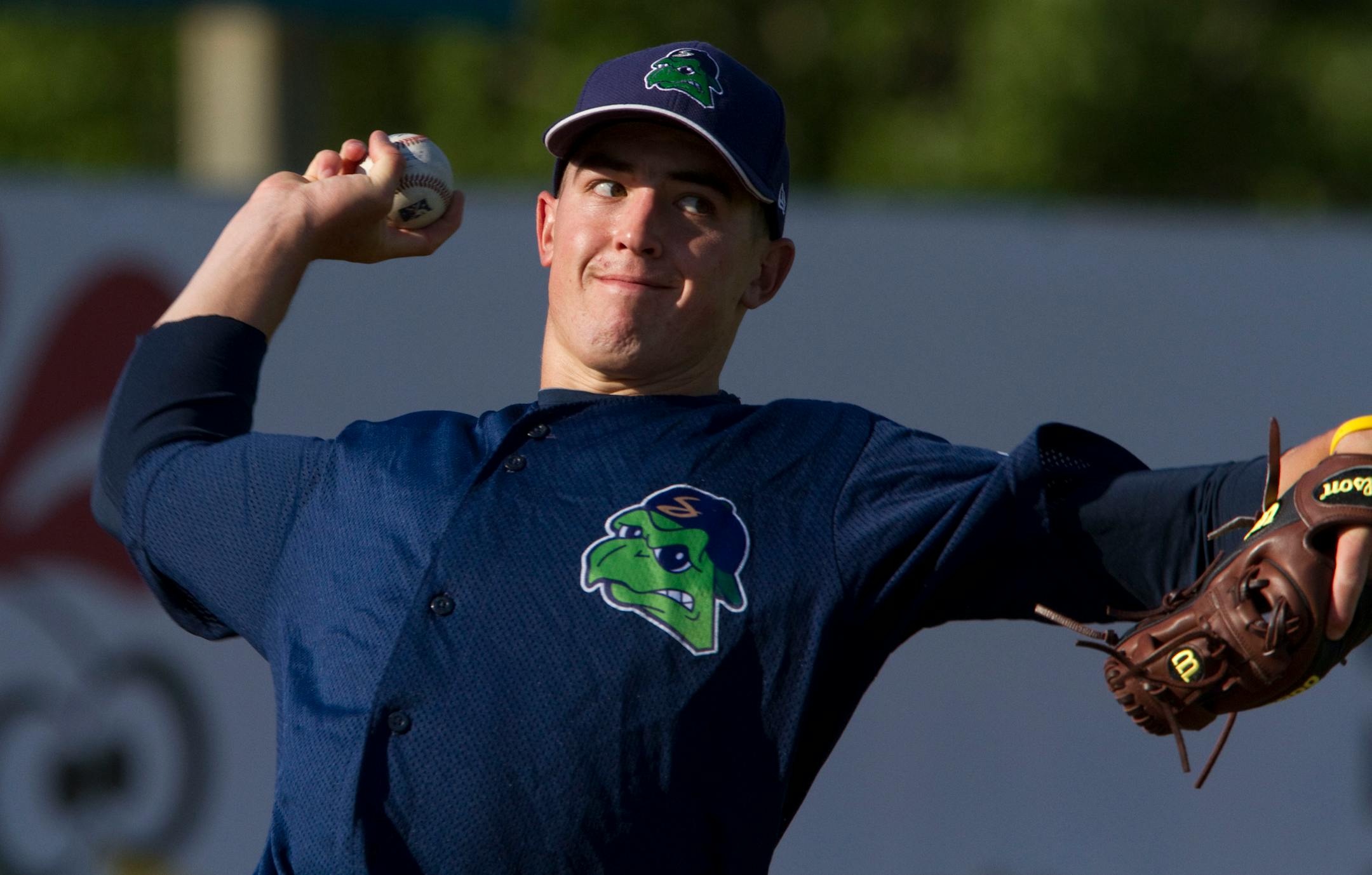 Beloit Snappers relief pitcher Tim Shibuya throws during practice before their game against the Burlington Bees at Pohlman Field in Beloit, Wisc. Friday June 15, 2012. The Snappers are the Class A Midwest League Affiliate of the Minnesota Twins. John Konstantaras Photo for the Star-Tribune