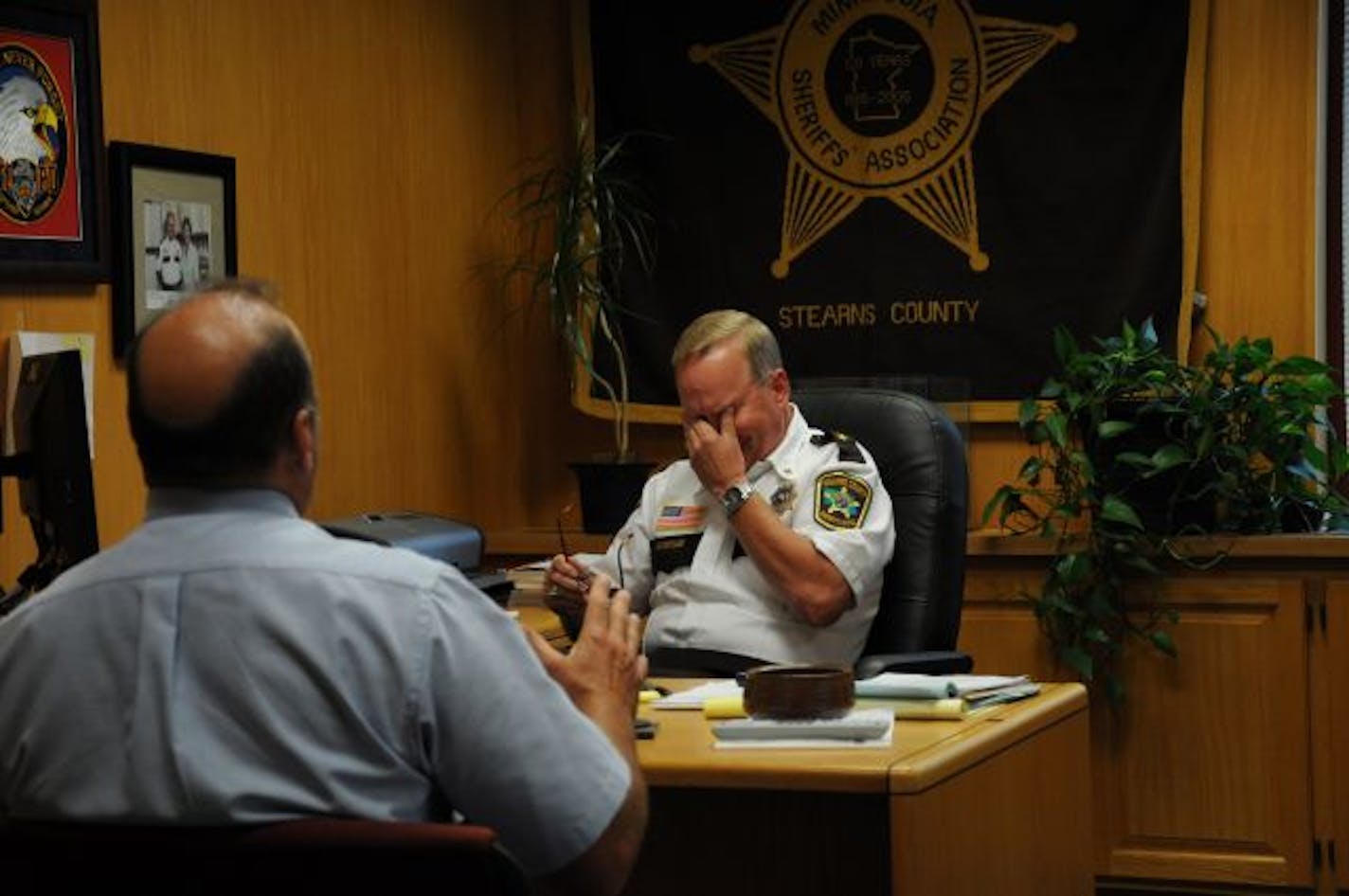 St Cloud, Mn Thursday 9/9/10 Profiling John Sanner, the Stearns County sheriff and the point man on the investigation into the disappearance of 11-year-old Jacob Wetterling almost 21 years ago.Sanner rubs his eyes during a meeting in his office