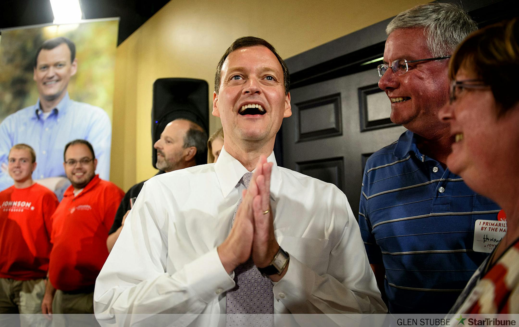 Jeff Johnson was delighted as he looked at election results on a television screen showing him ahead in the race.   He was greeted by supporters as he entered his victory party at Digby's restaurant in Plymouth Tuesday night.     ]      Tuesday, August 12, 2014. GLEN STUBBE * gstubbe@startribune.com