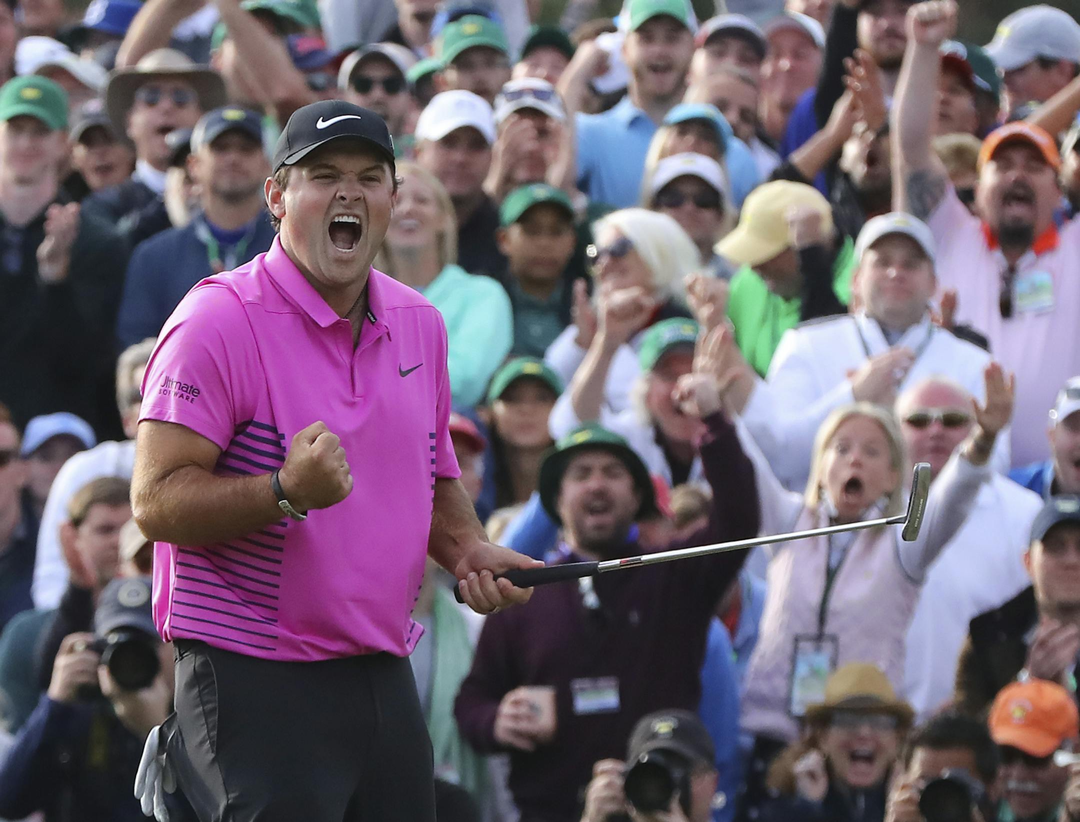 Patrick Reed celebrates after winning the Masters golf tournament Sunday, April 8, 2018, in Augusta, Ga. (Curtis Compton/Atlanta Journal-Constitution via AP)