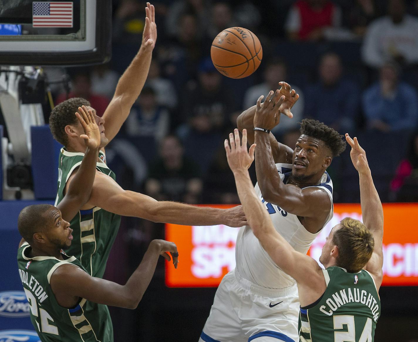 Timberwolves guard Jimmy Butler was stopped at the net by Milwaukee defense during the second quarter as the Minnesota Timberwolves took on the Milwaukee Bucks at Target Center, Friday, October 26, 2018 in Minneapolis, MN. ] ELIZABETH FLORES &#xef; liz.flores@startribune.com