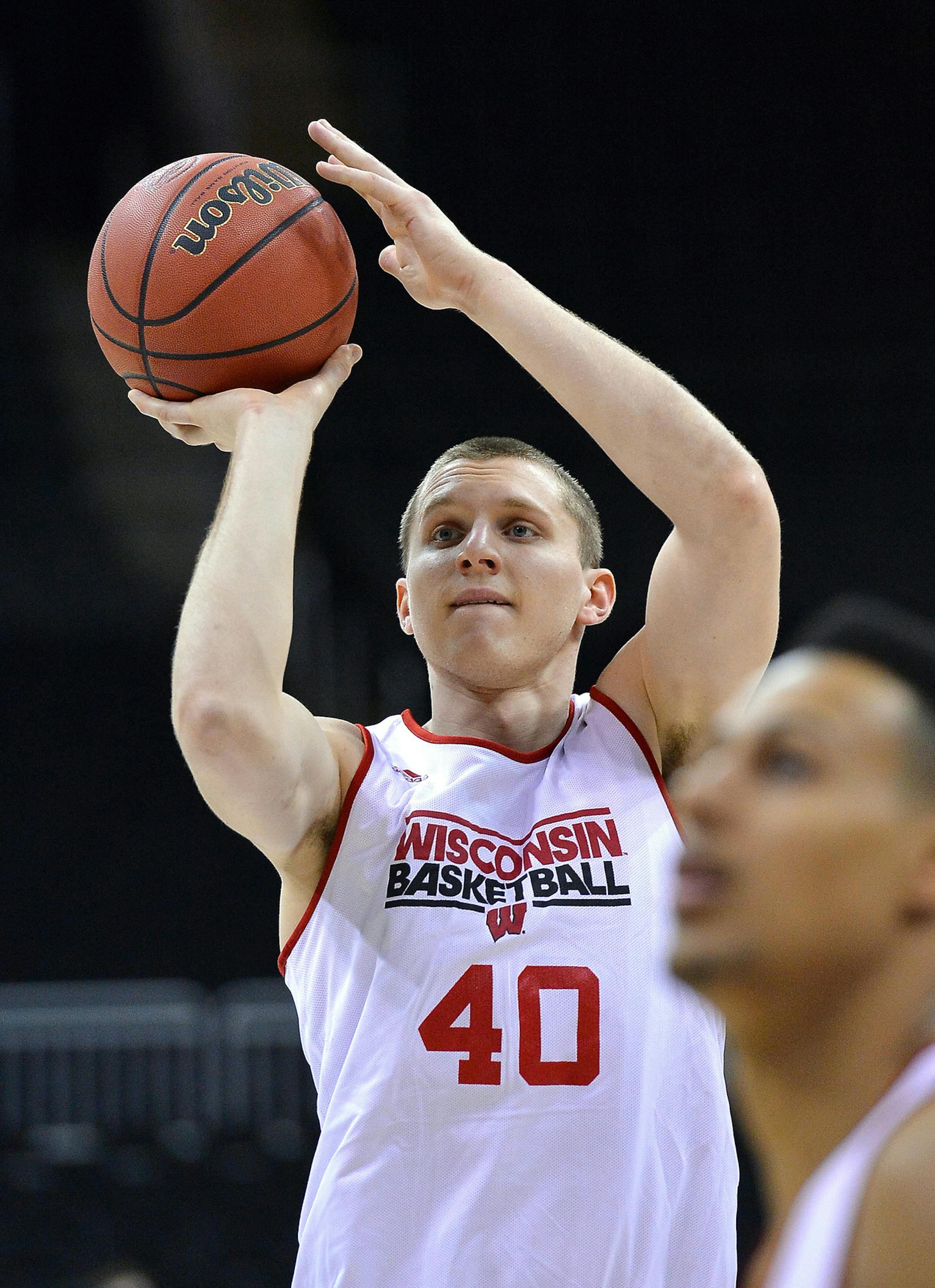 Wisconsin's Jared Berggren puts up a shot during practice ahead of the second round of the NCAA Tournament on Thursday, March 21, 2013, at the Sprint Center in Kansas City, Missouri. The Badgers face Mississippi on Friday. (John Sleezer/Kansas City Star/MCT) ORG XMIT: 1136488 ORG XMIT: MIN1303211628493116
