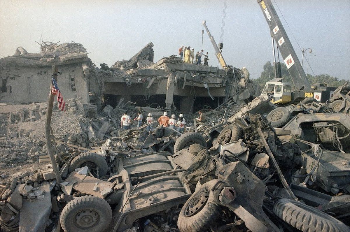 FILE - In this Oct. 23, 1983 file photo, the aftermath of the bombing of the U.S. Marines barracks in Beirut, Lebanon. The Supreme Court upheld a judg