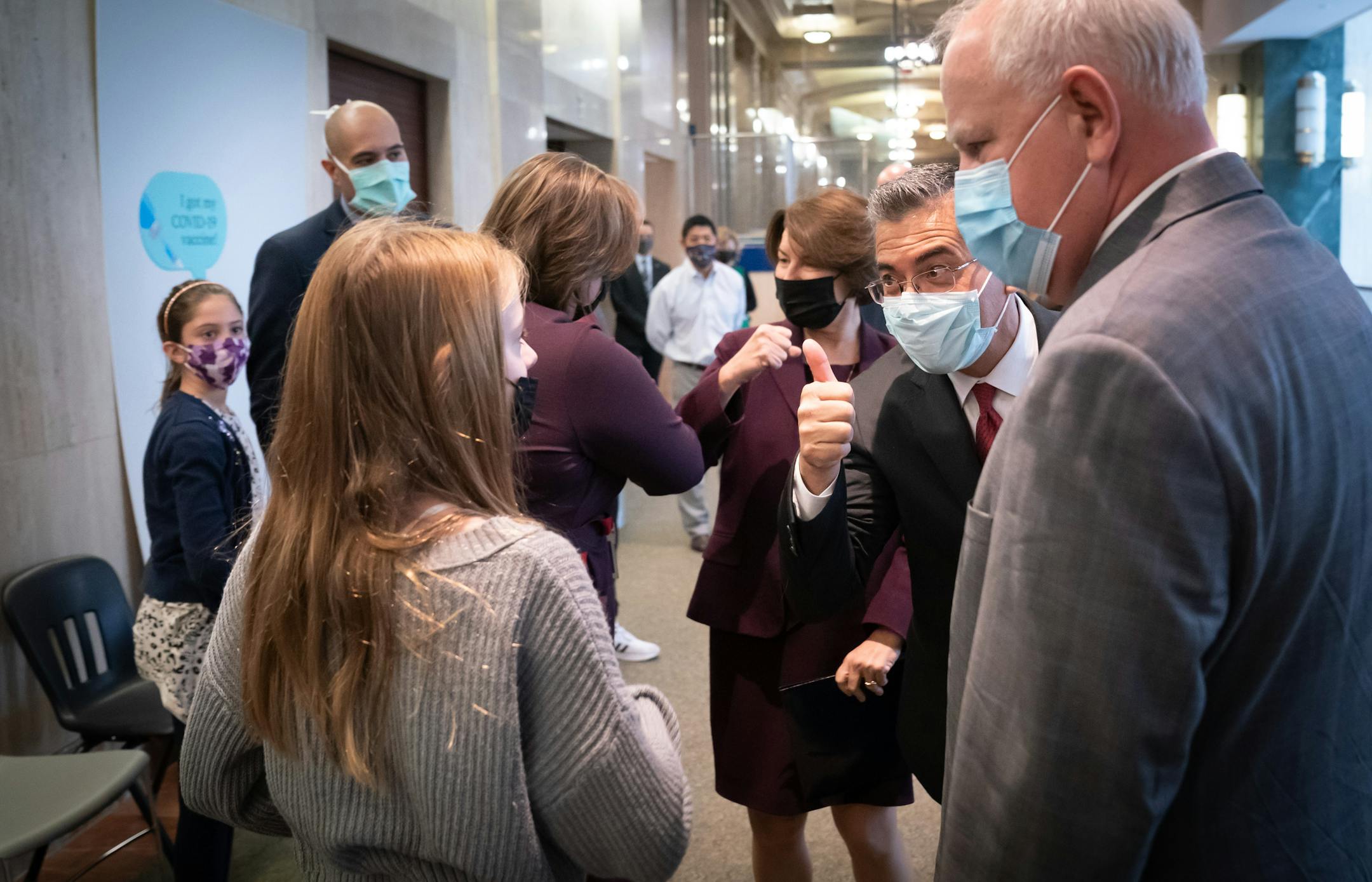 Department of Health and Human Services HHS Secretary Xavier Becerra gave a thumbs up to Kate Sexton, 11, and later greeted Leila Behfar, left. Both had volunteered to be vaccinated during the tour. Becerra toured Mayo Clinic, Wednesday, Nov. 10, 2021, in Rochester, Minn. He traveled to Minnesota to encourage pediatric vaccinations and highlight the Biden-Harris Administration's plans to build back better through investments in affordable drug prices. ] GLEN STUBBE • glen.stubbe@startribune.com