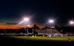 The stadium at Delano High School was aglow beneath lights and a setting sun during non-COVID times.