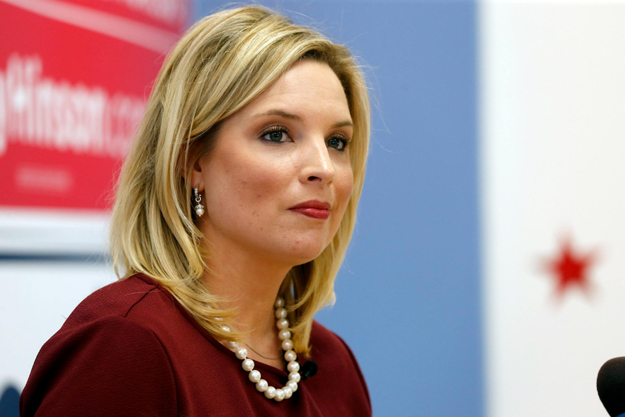 Ashley Hinson speaks with journalists after her win in Iowa's 1st Congressional District race at her Cedar Rapids, Iowa, campaign office on Wednesday, Nov. 4, 2020.