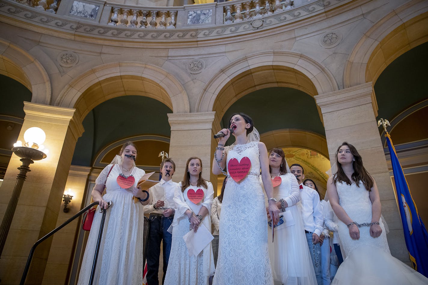 Fraidy Reiss, founder and executive director of the advocacy group Unchained at Last, right, led a group of women in the State Capitol to advocate a ban on child marriage in Minnesota in February.