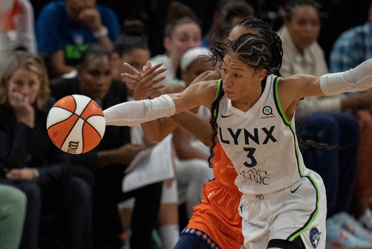 Minnesota Lynx forward Aerial Powers, (3) steals the ball from Connecticut Sun forward DeWanna Bonner , (24) in the second half at Target Center in Minneapolis.,Minn. on Sunday July 24, 2022.