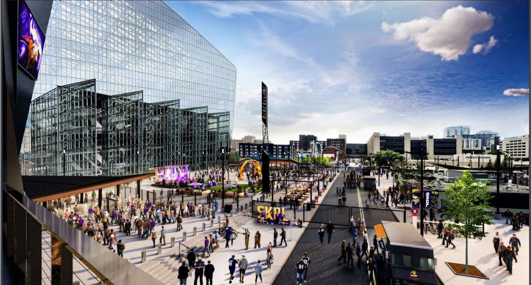Rendering of U.S. Bank Stadium in Minneapolis with a permanent secured perimeter; view from the pedestrian bridge.