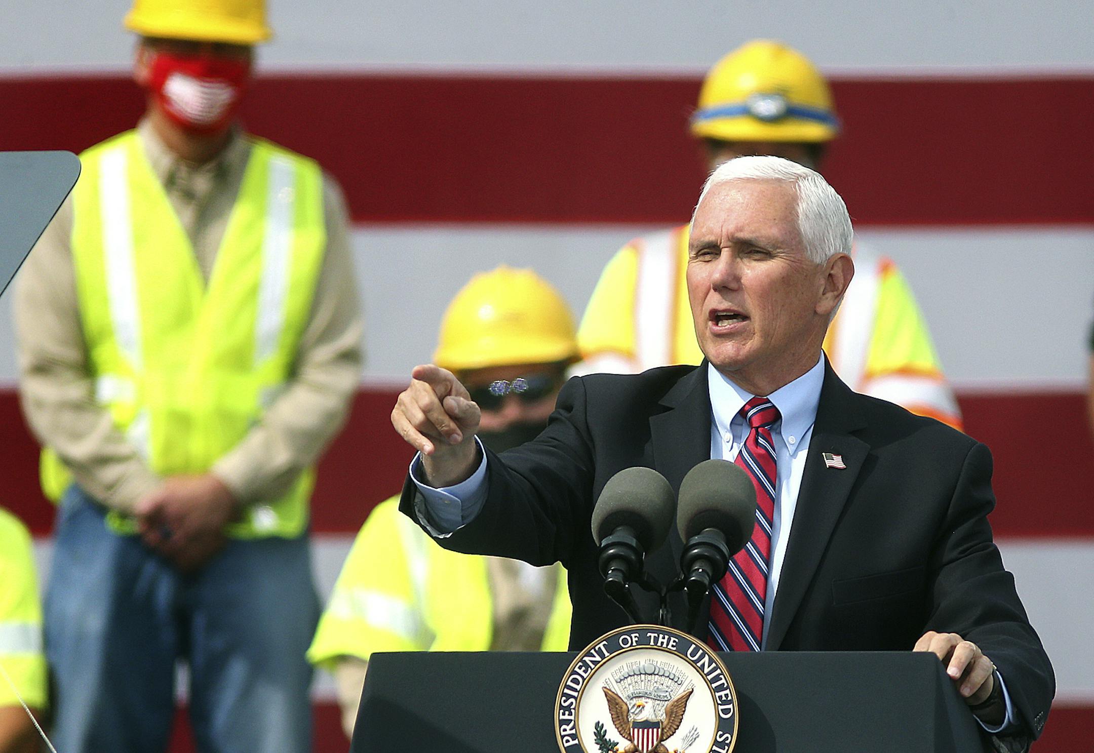 Vice President Mike Pence speaks during a campaign event at Dairyland Power Cooperative in La Crosse, Wis., on Monday, Sept. 7, 2020. (Peter Thomson/La Crosse Tribune via AP)