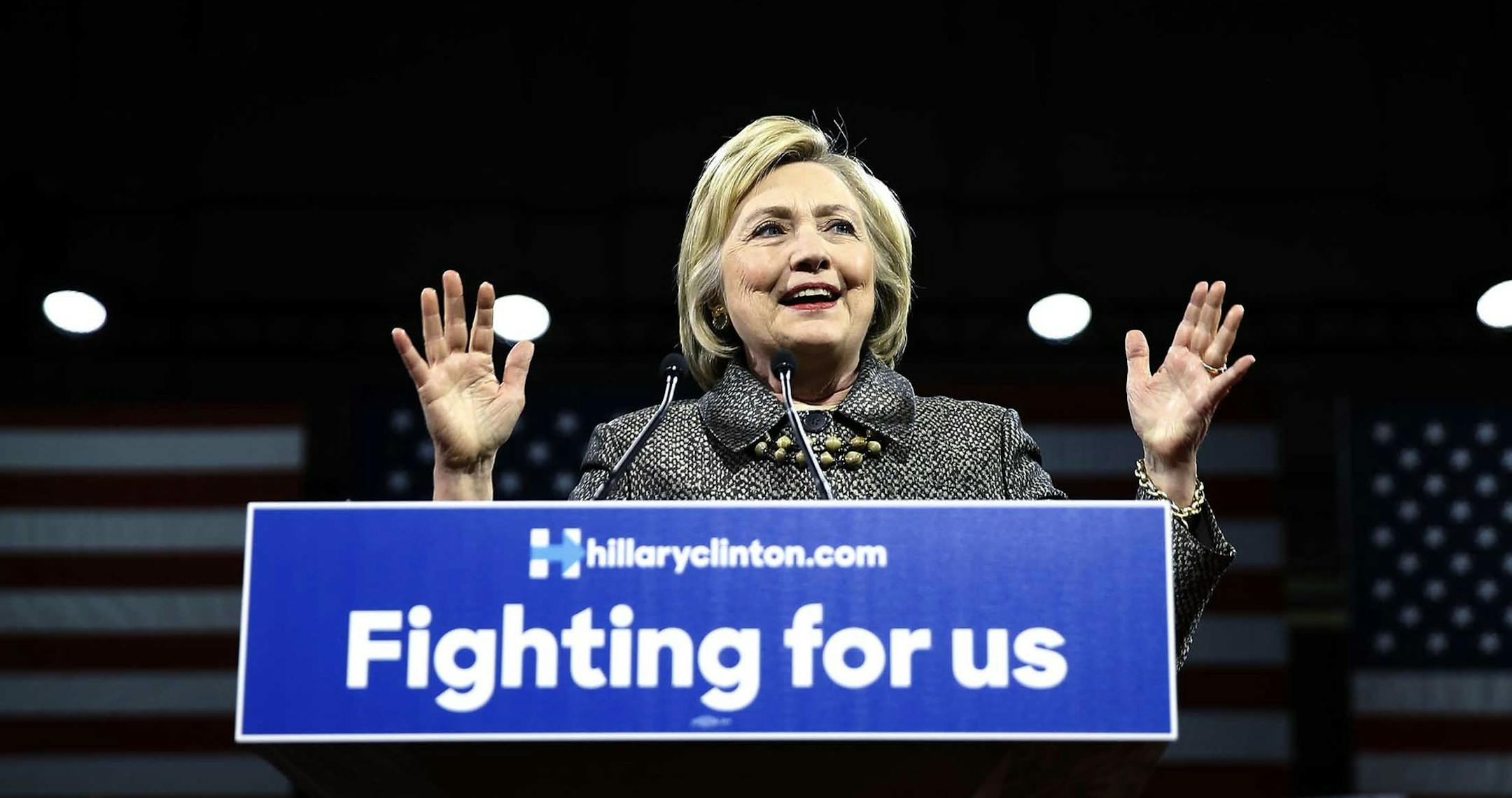 Democratic presidential candidate Hillary Clinton speaks at her presidential primary election night rally, Tuesday, April 26, 2016, in Philadelphia. (AP Photo/Matt Rourke) ORG XMIT: MIN2016042715144432