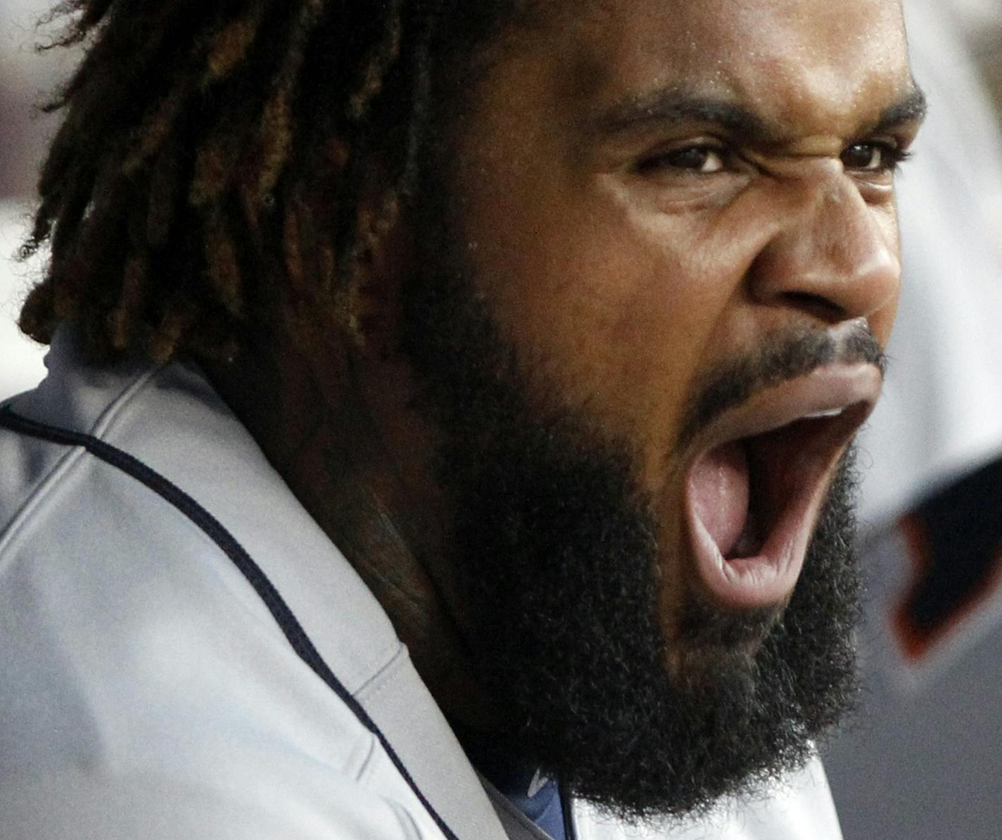 Detroit Tigers first baseman Prince Fielder (28) yawns in the dugout during a baseball game against the Texas Rangers in Arlington, Texas, Wednesday, June 27, 2012. (AP Photo/Richard Rodriguez) ORG XMIT: NYOTK