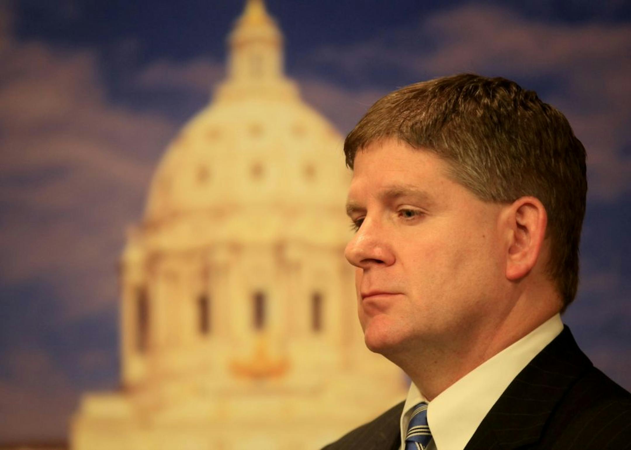 Speaker Kurt Zellers stood in thought as he listened to Rep. Greg Davids speak before him at a press conference at the Capitol in St. Paul, Minn., on March 16, 2012.