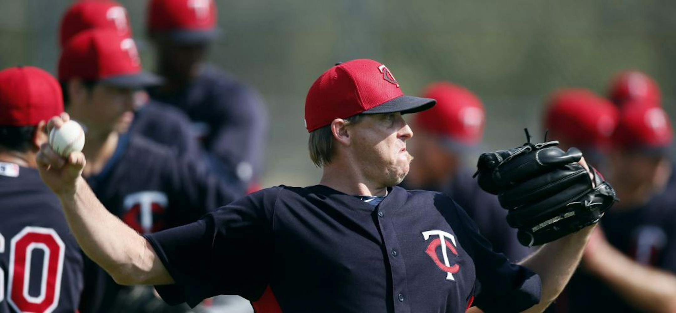 Twin pitcher Kevin Correia worked on drills during practiceThursday Feb.21, 2013 at Lee County Sports Complex in Fort Myers, FL.