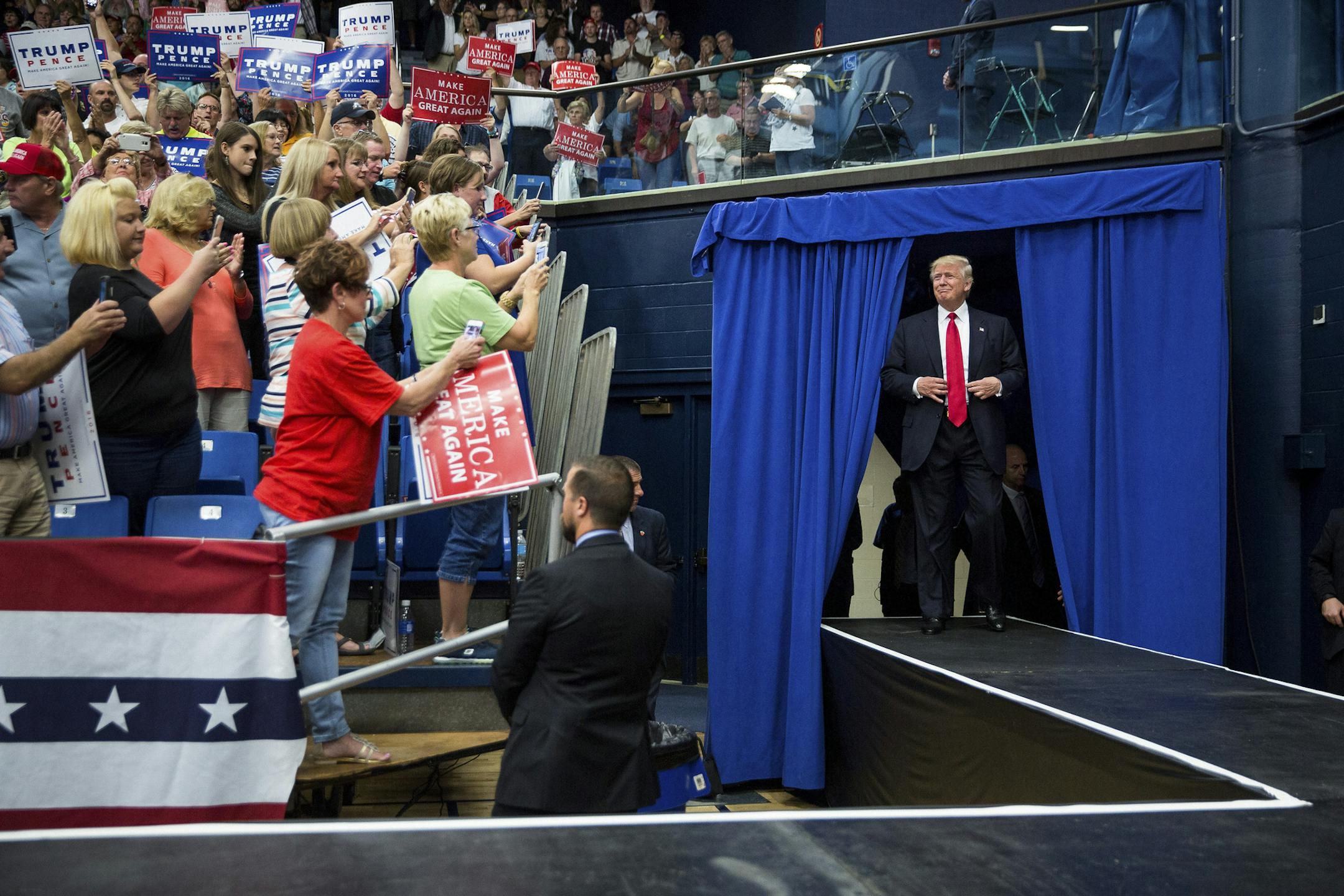 Donald Trump, the Republican presidential nominee, arrives at a campaign event at the James A. Rhodes Arena in Akron, Ohio, Aug. 22, 2016. The 2016 election may not end in the landslide some have predicted for a very simple reason: Landslides do not really happen in presidential elections anymore. (Damon Winter/The New York Times)