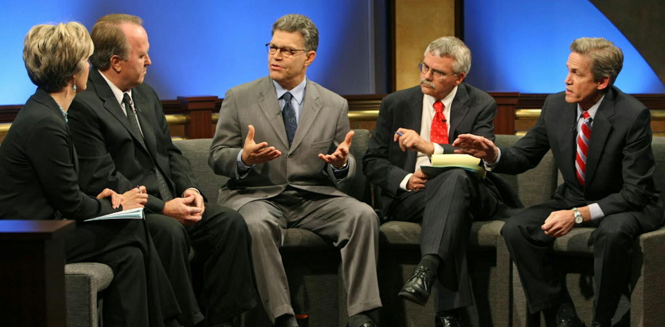Final Senate debate: Almanac co-host Cathy Wurzer, Dean Barkley, Al Franken, Almanac co-host Eric Eskola and Norm Coleman.