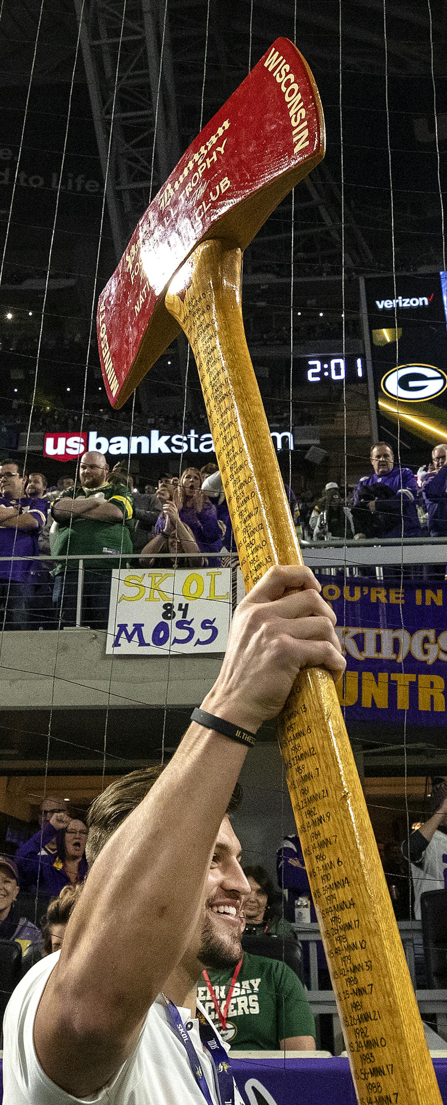 Minnesota Gophers players brought the Paul Bunyan Axe to US Bank Stadium after beating Wisconsin yesterday. ] CARLOS GONZALEZ • cgonzalez@startribune.com – Minneapolis, MN – November 25, 2018, US Bank Stadium, NFL, Minnesota Vikings vs. Green Bay Packers, ORG XMIT: MIN1811252030380540