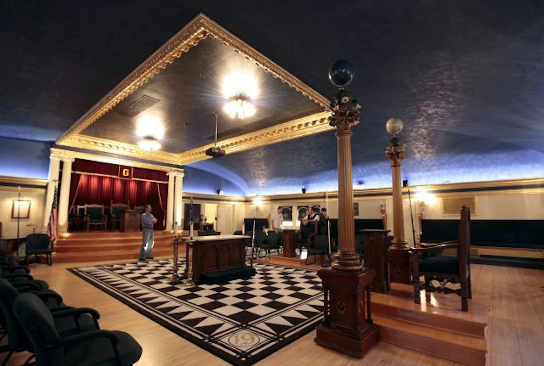 The view inside The Lodge Room of Minneapolis 19 Freemasons located at The Harrington Mansion.