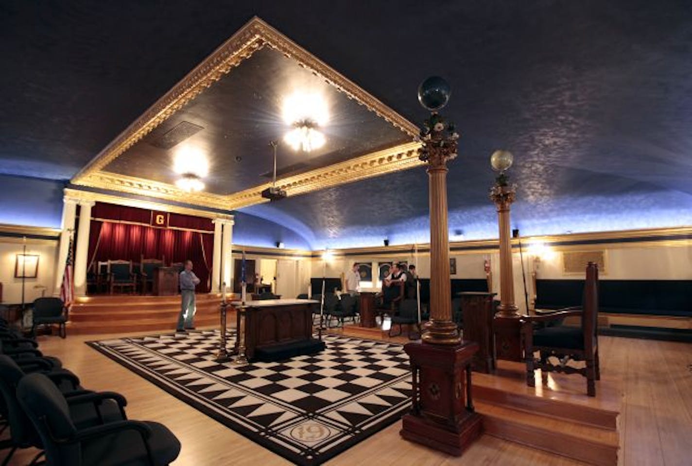 The view inside The Lodge Room of Minneapolis 19 Freemasons located at The Harrington Mansion.