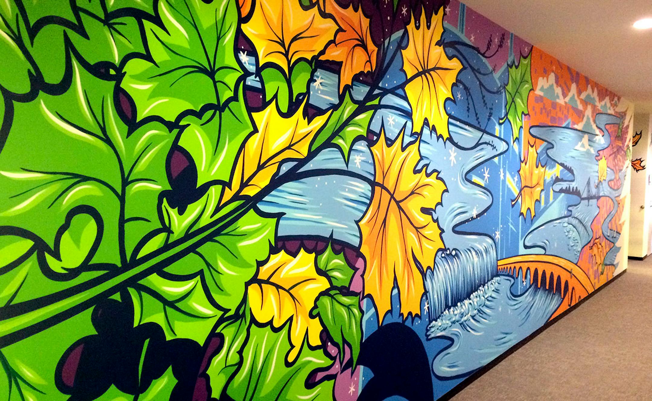 The everywhere artist, Adam Turman, His clean, dynamic murals crawl up the sides of breweries, in elementary schools, the lobby of downtown Minneapolis' hip, new hotel. He boasts T-shirts and pint glasses and posters. He's even created a jigsaw puzzle.