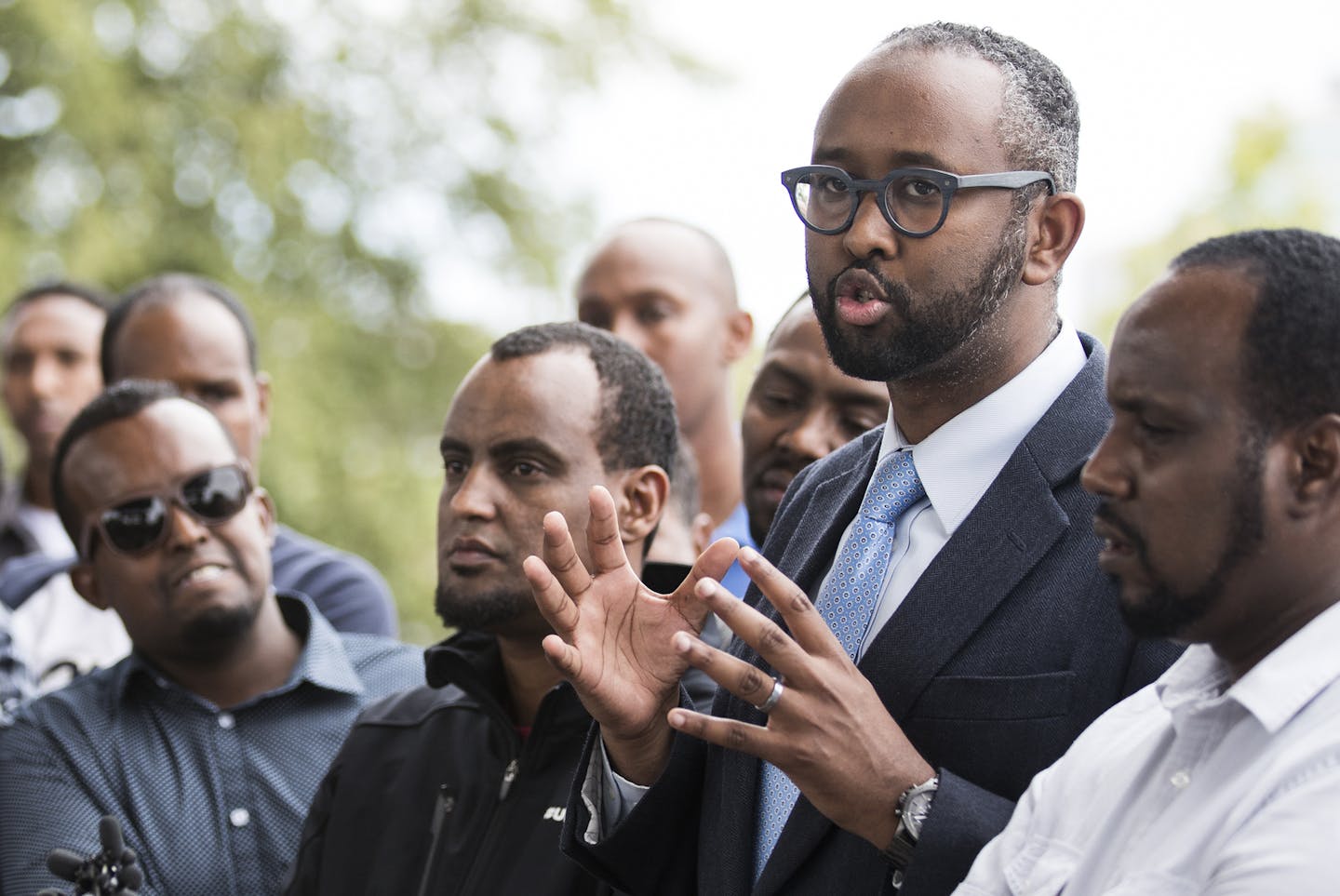 Jaylani Hussein, the executive director of CAIR-MN speaks during a press conference. ] (Leila Navidi/Star Tribune) leila.navidi@startribune.com BACKGROUND INFORMATION: Press conference with the response from the Somali community at Lake George in St. Cloud Sunday, September 18, 2016. A man, suspected of being motivated by global terror, stabbed several people late Saturday before an off-duty police officer fatally shot the attacker at the Crossroads Center mall in St. Cloud.