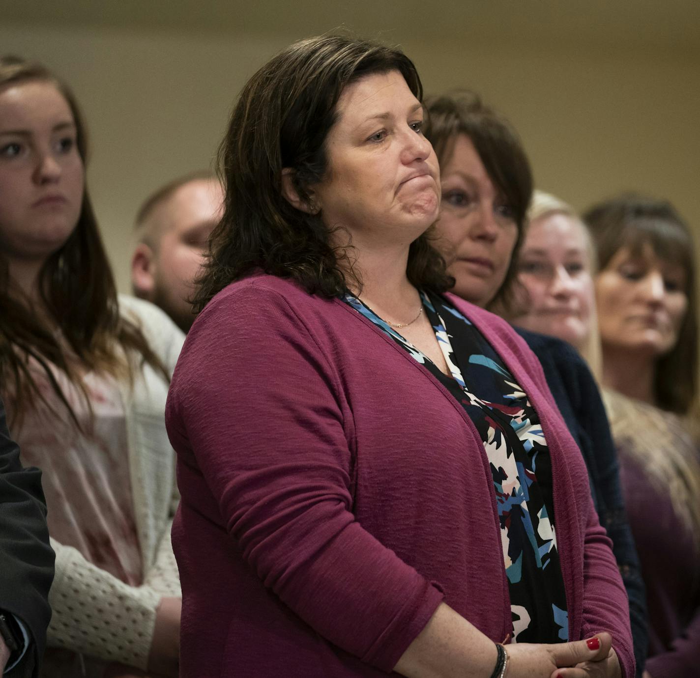 Family members of Jayme Closs, including her aunt Kelly Engelhardt in front, at a press conference after the sentencing of Jake Patterson for the murder of James and Denise Closs and abduction of Jayme Closs at the Barron County Justice Center in Barron, Wis., on Friday, May 24, 2019. ] RENEE JONES SCHNEIDER &#xa5; renee.jones@startribune.com