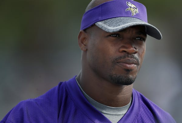 Vikings running back Adrian Peterson walked out for a recent morning practice in Mankato.