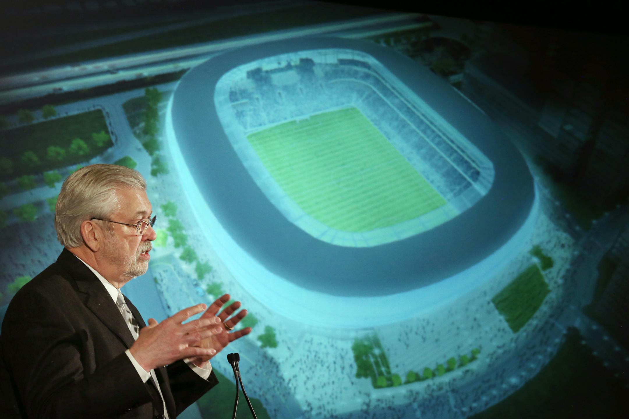 FILE -- William McGuire owner of the Minnesota United FC showed renderings of the new soccer stadium at press conference Wednesday Feb 24, 2016 in St. Paul, MN.