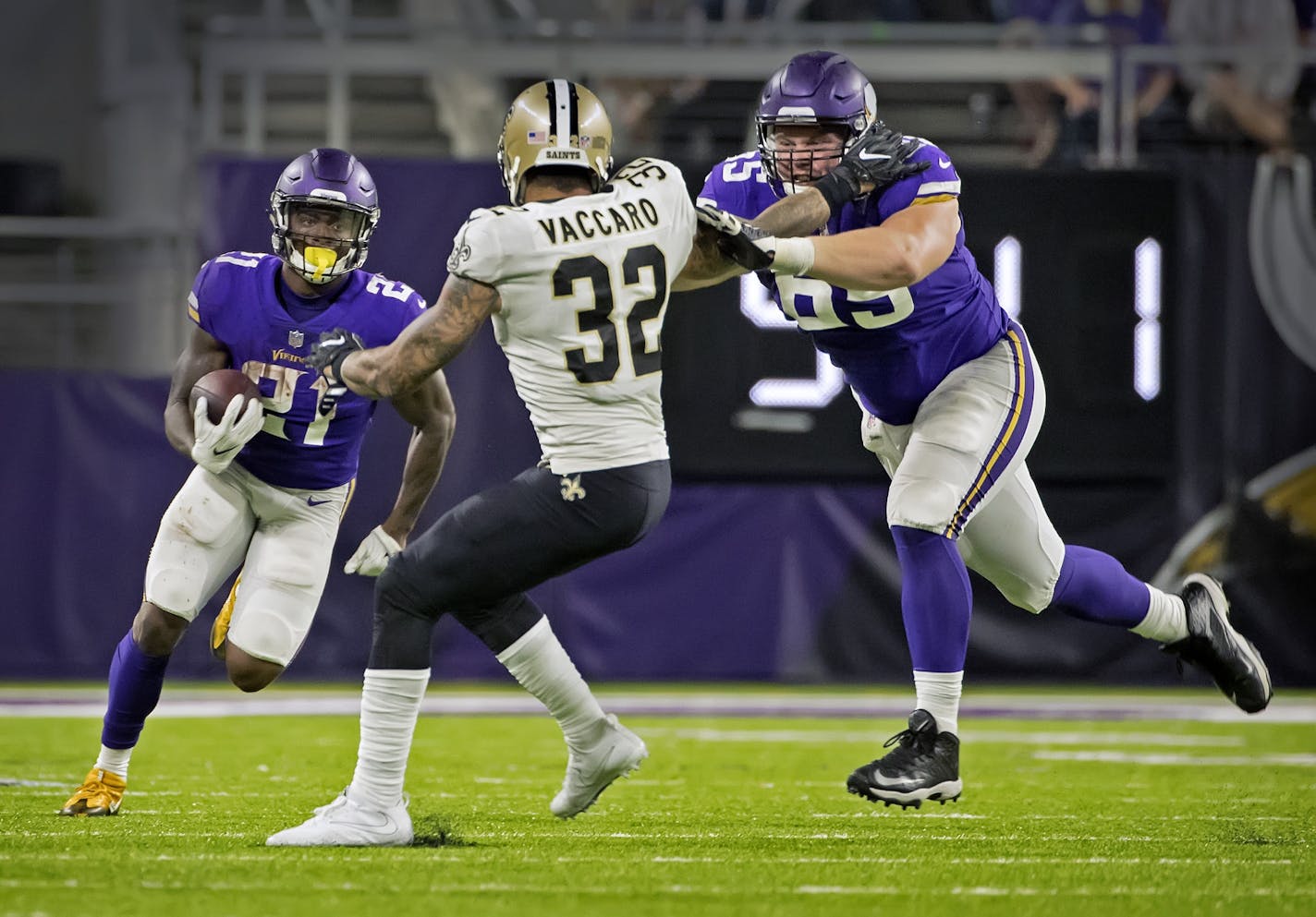 Vikings center Pat Elflein blocked for Jerick McKinnon on a fourth-quarter run against the Saints on Sept. 11.