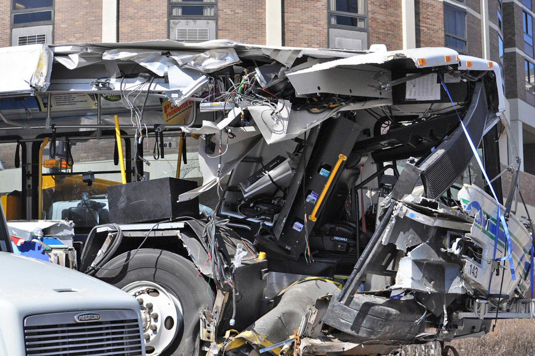 One of two Duluth Transit Authority buses involved in a crash in the 400 block of West Superior Street on Tuesday, April 14, 2015.