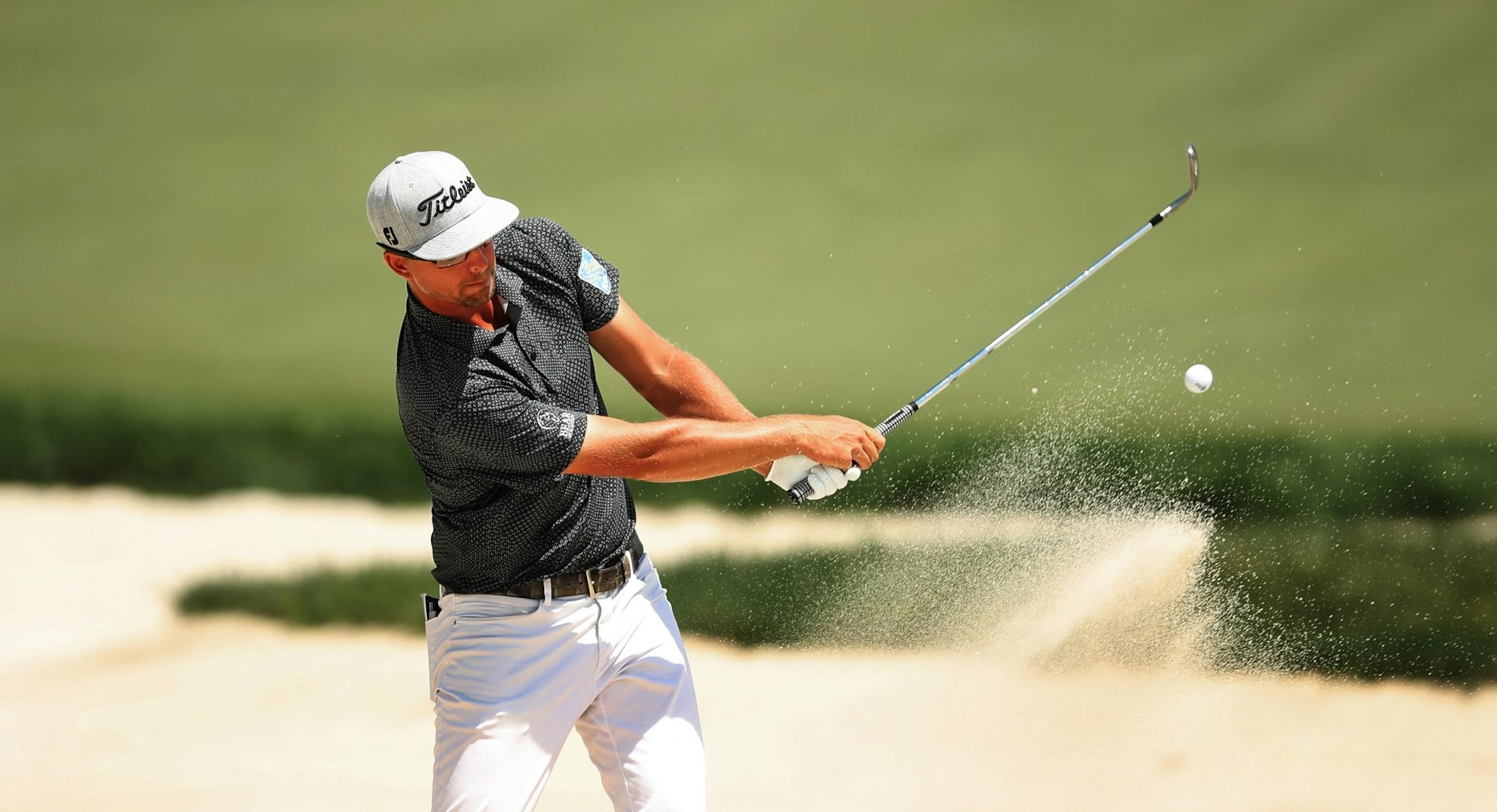 Roger Solan hits out bunker at 7 during third round action at TPC Twin Cities Saturday July,6 2019 in Blaine, MN.
