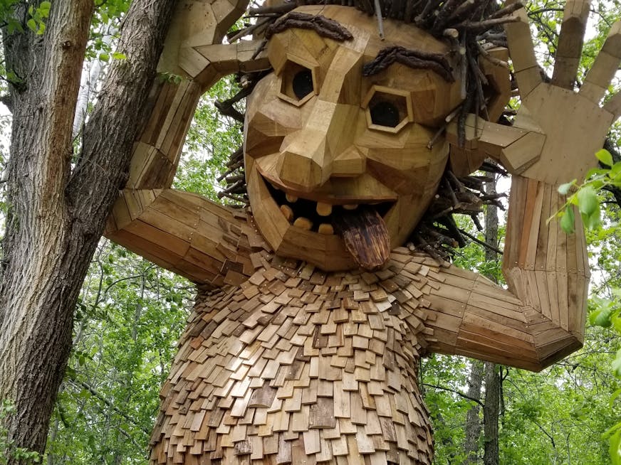 A playful troll in one of the secret locations around Detroit Lakes for artist Thomas Dambo's treasure hunt.