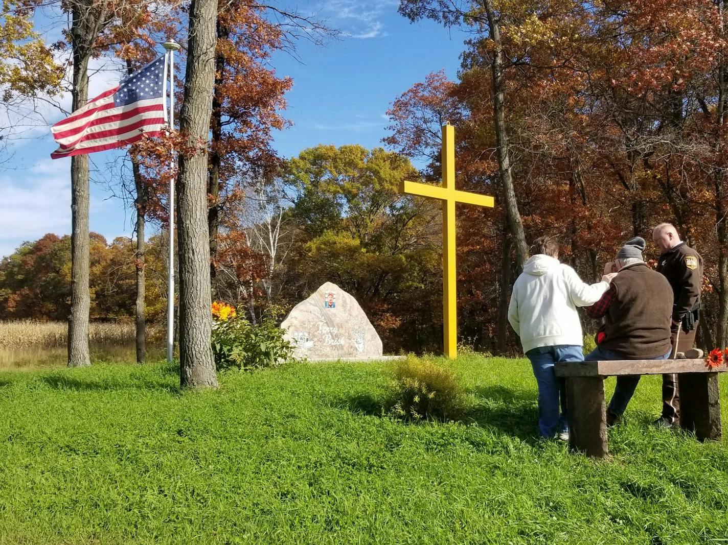 Three years after Terry Brisk was killed while deer hunting, the authorities and his family refuse to give up the search for the person murdered him. His parents, Babe and Virgil Brisk, along with Morrison County Sheriff Shawn Larsen stop at the memorial built near the spot where Terry Brisk was killed. ORG XMIT: 3H-PKdNVQwODTBYAyUmZ