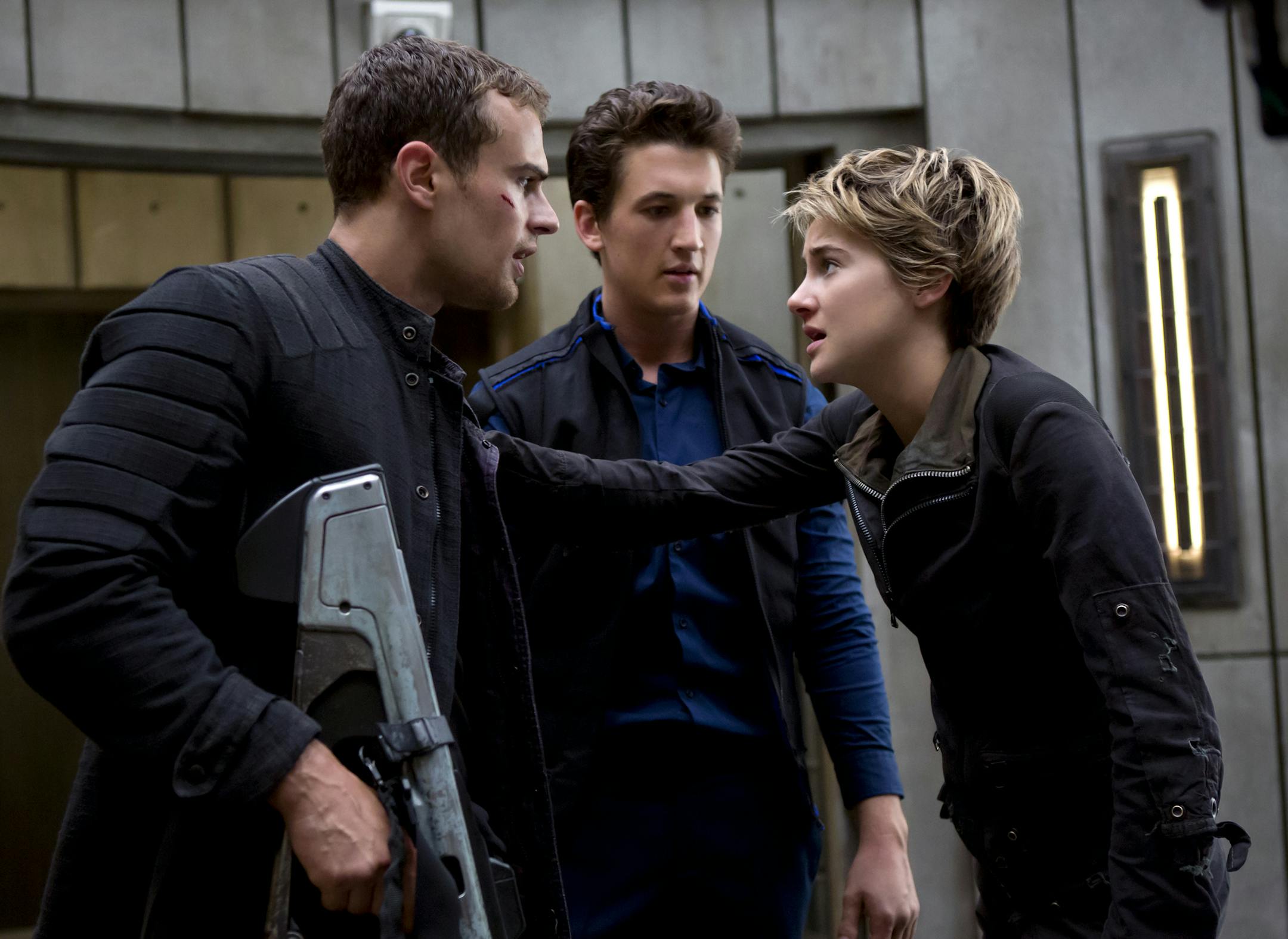 Theo James, Miles Teller and Shailene Woodley in "Divergent 2: Insurgent."