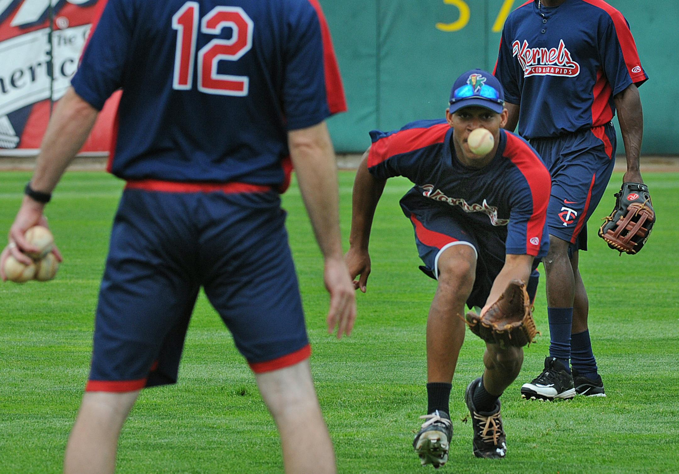 Byron Buxton, Cedar Rapids Kernels center fielder, no 7 during outfield drills .] Richard.Sennott@startribune.com Richard Sennott/Star Tribune. , Cedar Rapids Iowa Wednesday 5/29/13) ** (cq) ORG XMIT: MIN1305300832210393