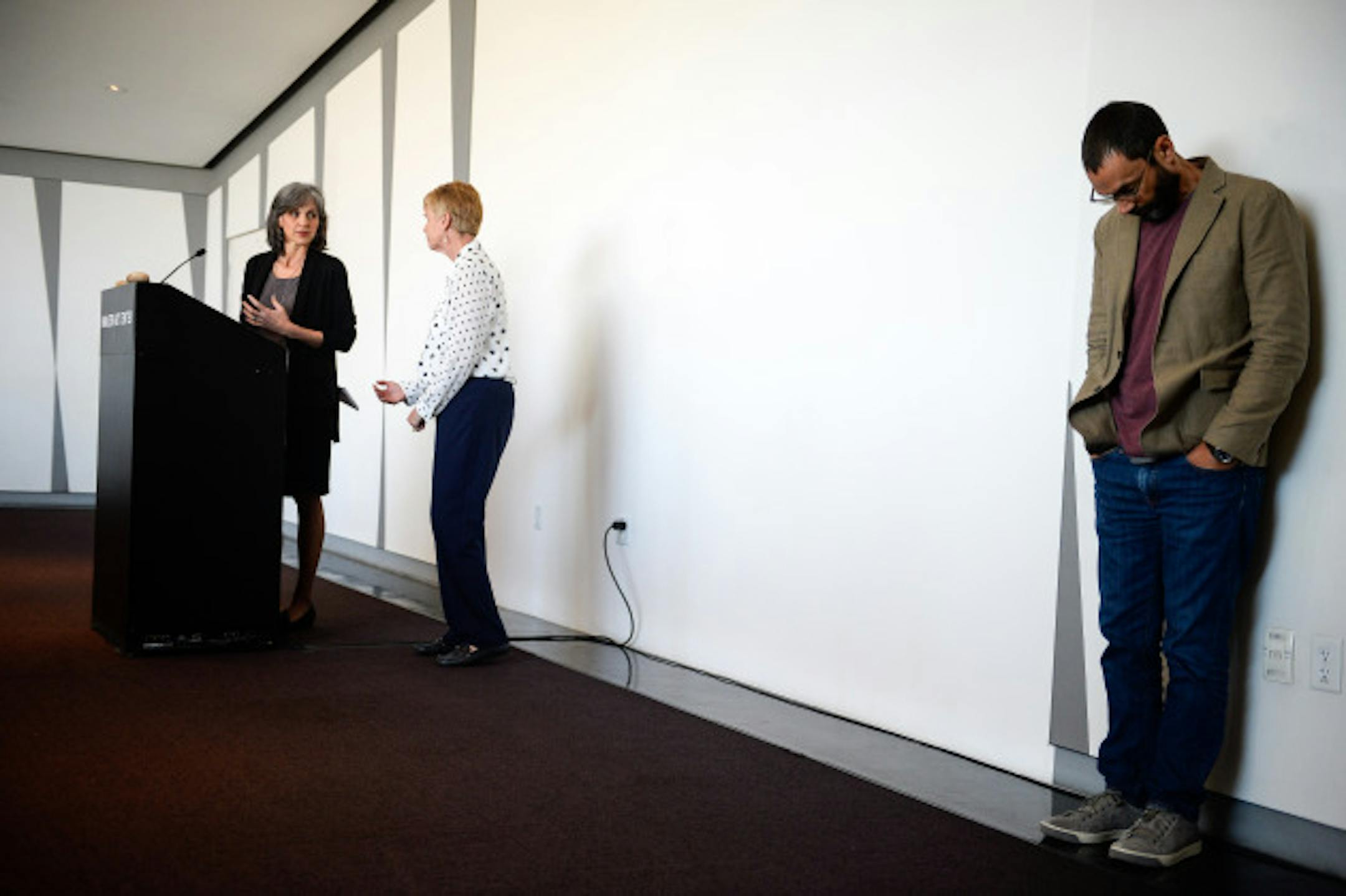 Sam Durant, the artist behind the "Scaffold" sculpture, looked to the floor as Walker Art Center director Olga Viso and Minneapolis Park Board Superintendent Jayne Miller took questions during a Q&A Wednesday afternoon.   ] AARON LAVINSKY ' aaron.lavinsky@startribune.com