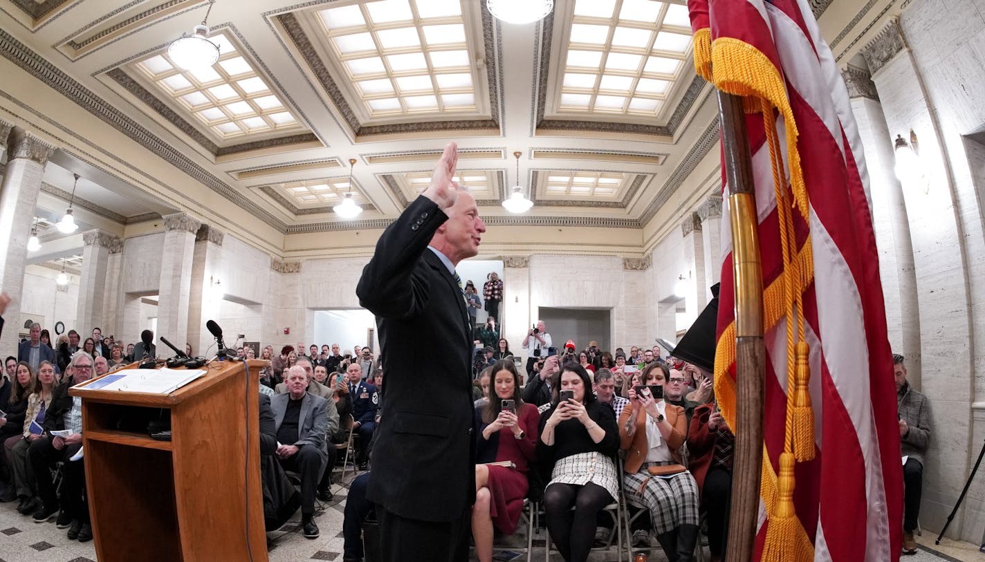 Roger Reinert is sworn in as mayor of Duluth at a City Hall ceremony Tuesday, Jan. 2, 2024 Duluth, Minn. ] GLEN STUBBE • glen.stubbe@startribune.com