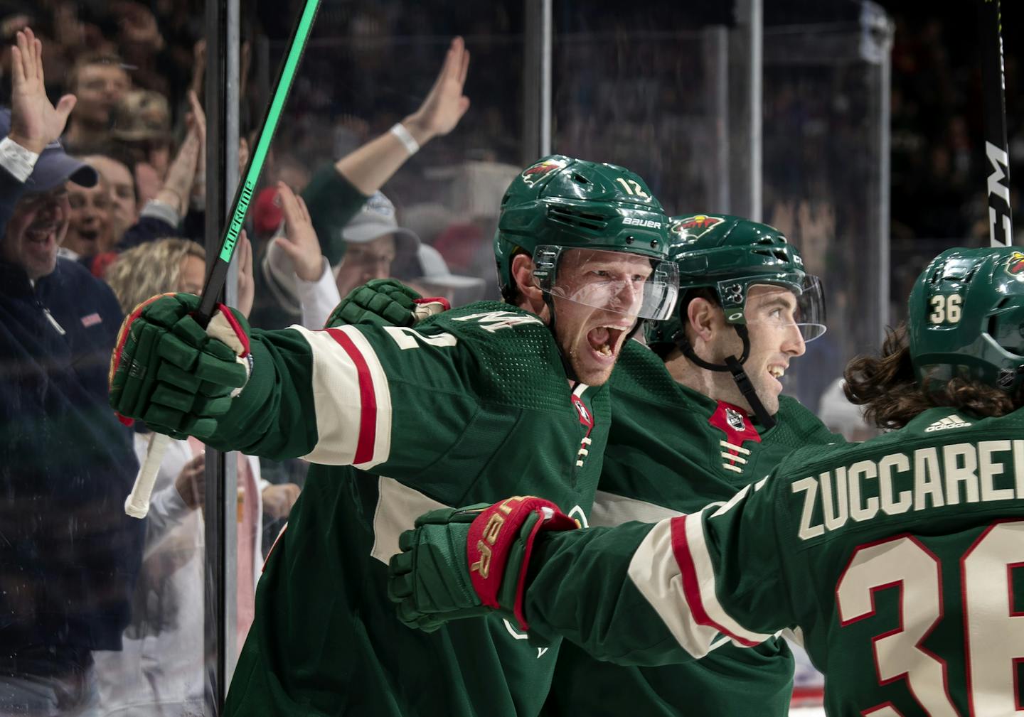 Eric Staal (12) celebrated after scoring his second of two goals in the first period. ] CARLOS GONZALEZ &#x2022; cgonzalez@startribune.com &#x2013; St. Paul, MN &#x2013; October 22, 2019, Xcel Energy Center, NHL, Hockey, Minnesota Wild vs. Edmonton Oilers