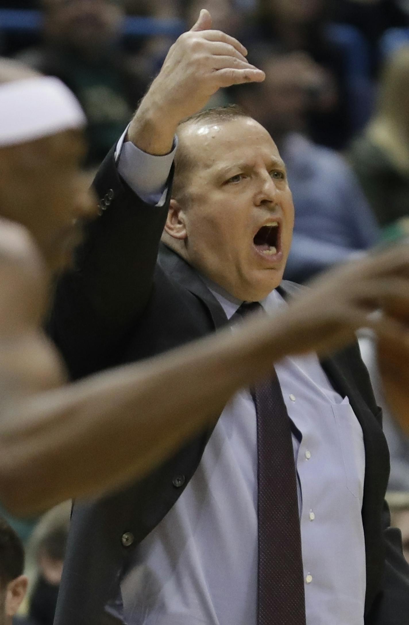 Minnesota Timberwolves head coach Tom Thibodeau yells during the first half of an NBA basketball game against the Milwaukee Bucks Thursday, Dec. 28, 2017, in Milwaukee. (AP Photo/Morry Gash)