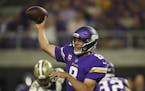 Minnesota Vikings quarterback Sam Bradford throws for a completion in the fourth quarter Monday night, Sept. 11, 2017 at U.S. Bank Stadium in Minneapo