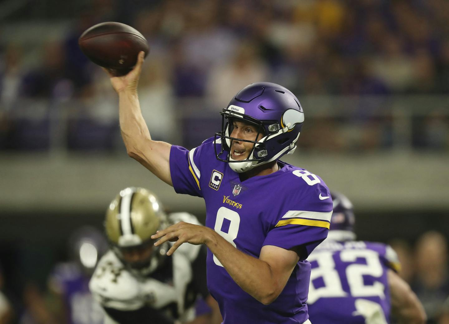 Minnesota Vikings quarterback Sam Bradford throws for a completion in the fourth quarter Monday night, Sept. 11, 2017 at U.S. Bank Stadium in Minneapolis, Minn. (Jeff Wheeler/Minneapolis Star Tribune/TNS) ORG XMIT: 1211388