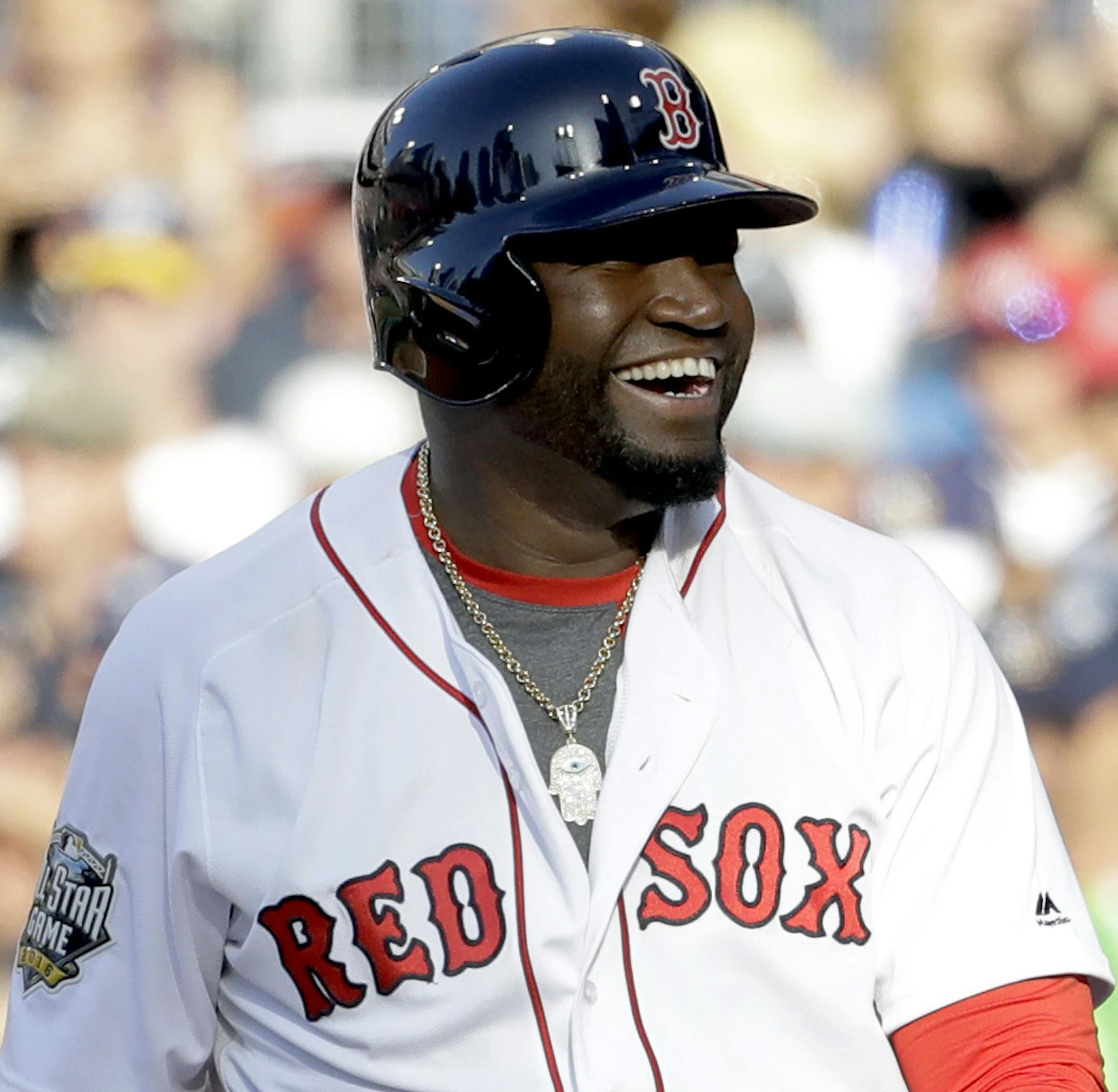 American League's David Ortiz, of the Boston Red Sox, smiles after drawing a walk during the second inning of the MLB baseball All-Star Game, Tuesday, July 12, 2016, in San Diego. (AP Photo/Gregory Bull)