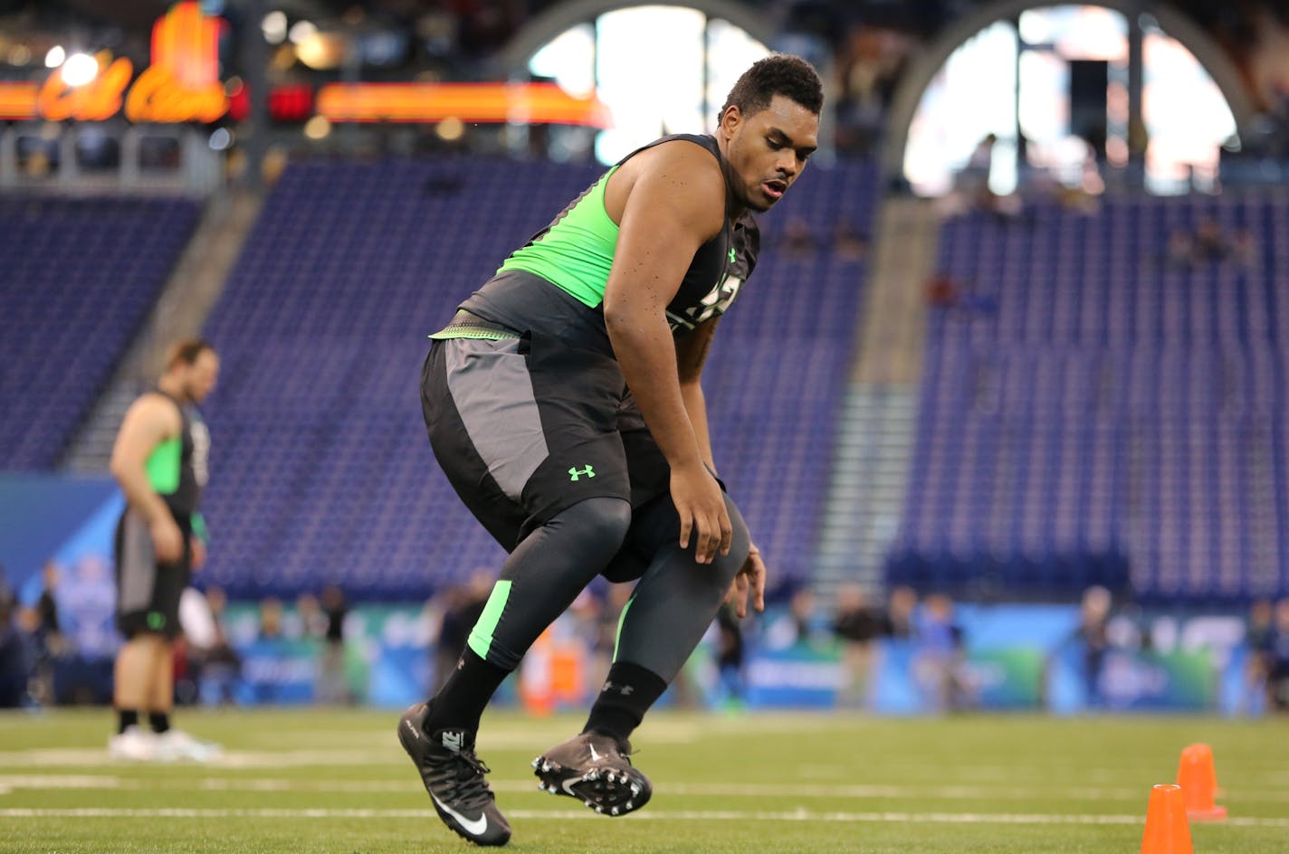 Notre Dame offensive lineman Ronnie Stanley during a drill at the NFL football scouting combine Friday, Feb. 26, 2016, in Indianapolis. (AP Photo/Gregory Payan)