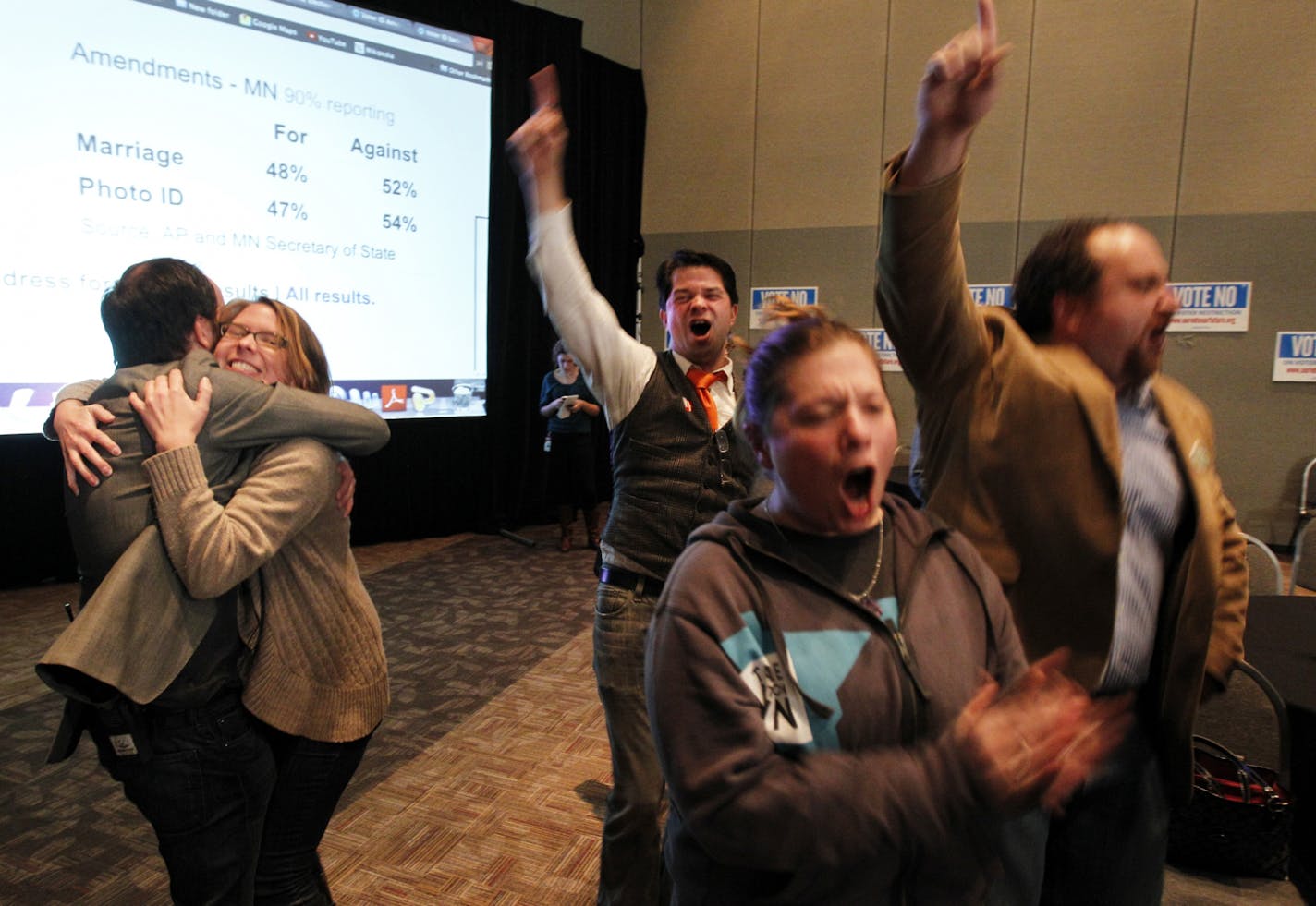 Supporters celebrate as results are announced during Our Vote Our Future's election night celebration at the Saint Paul RiverCentre in St. Paul, Minn., Tuesday, Nov. 6, 2012. Our Vote Our Future is a statewide campaign to defeat the voter restriction amendment. (Genevieve Ross/Special to the Star Tribune) ORG XMIT: 464elex1107