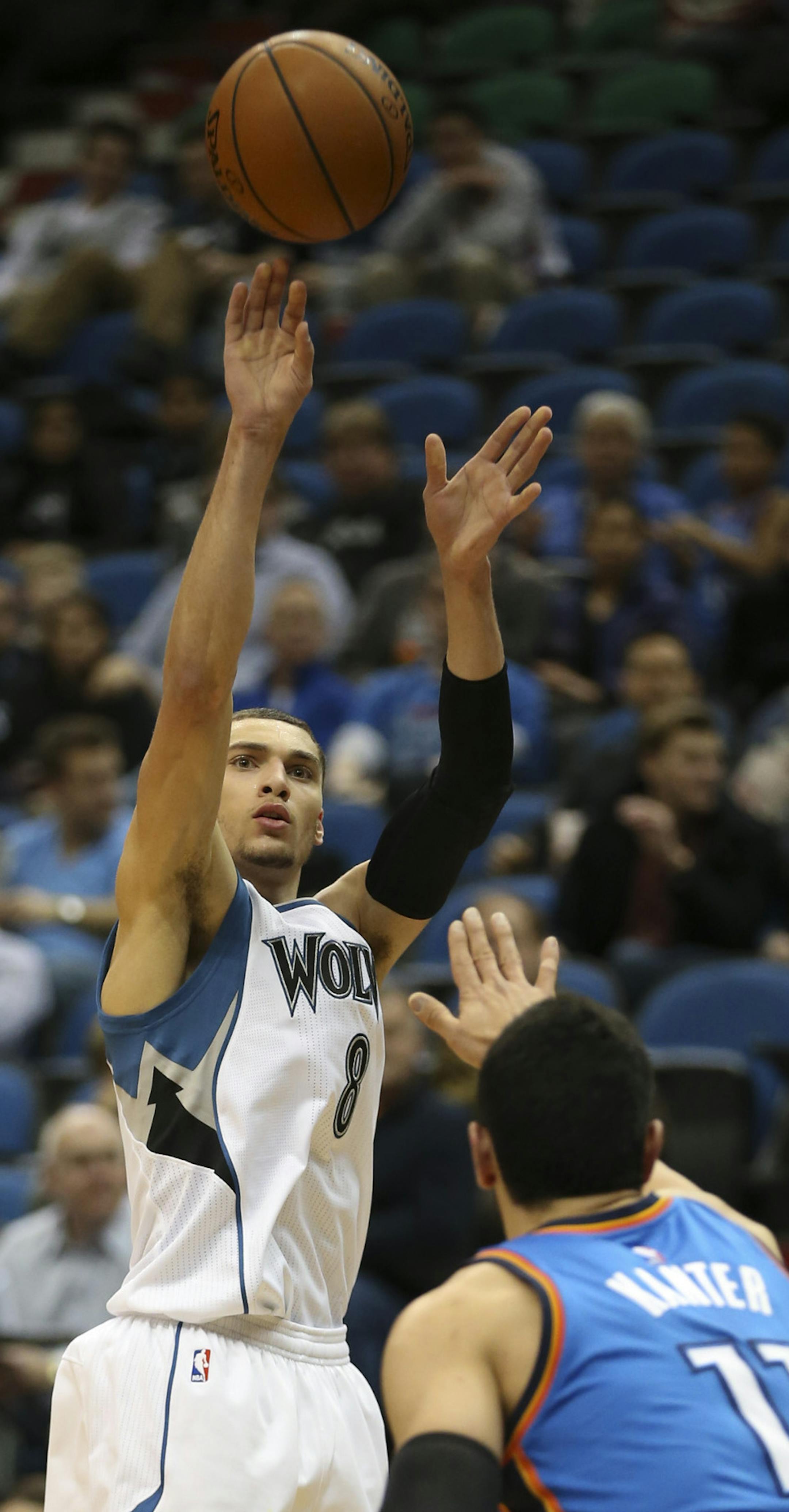Timberwolves guard Zach LaVine (8) shot and made a three pointer in the second quarter Wednesday night. ] JEFF WHEELER ï jeff.wheeler@startribune.com The Minnesota Timberwolves faced the Oklahoma City Thunder in an NBA game Wednesday night, January 27, 2016 at Target Center in Minneapolis.