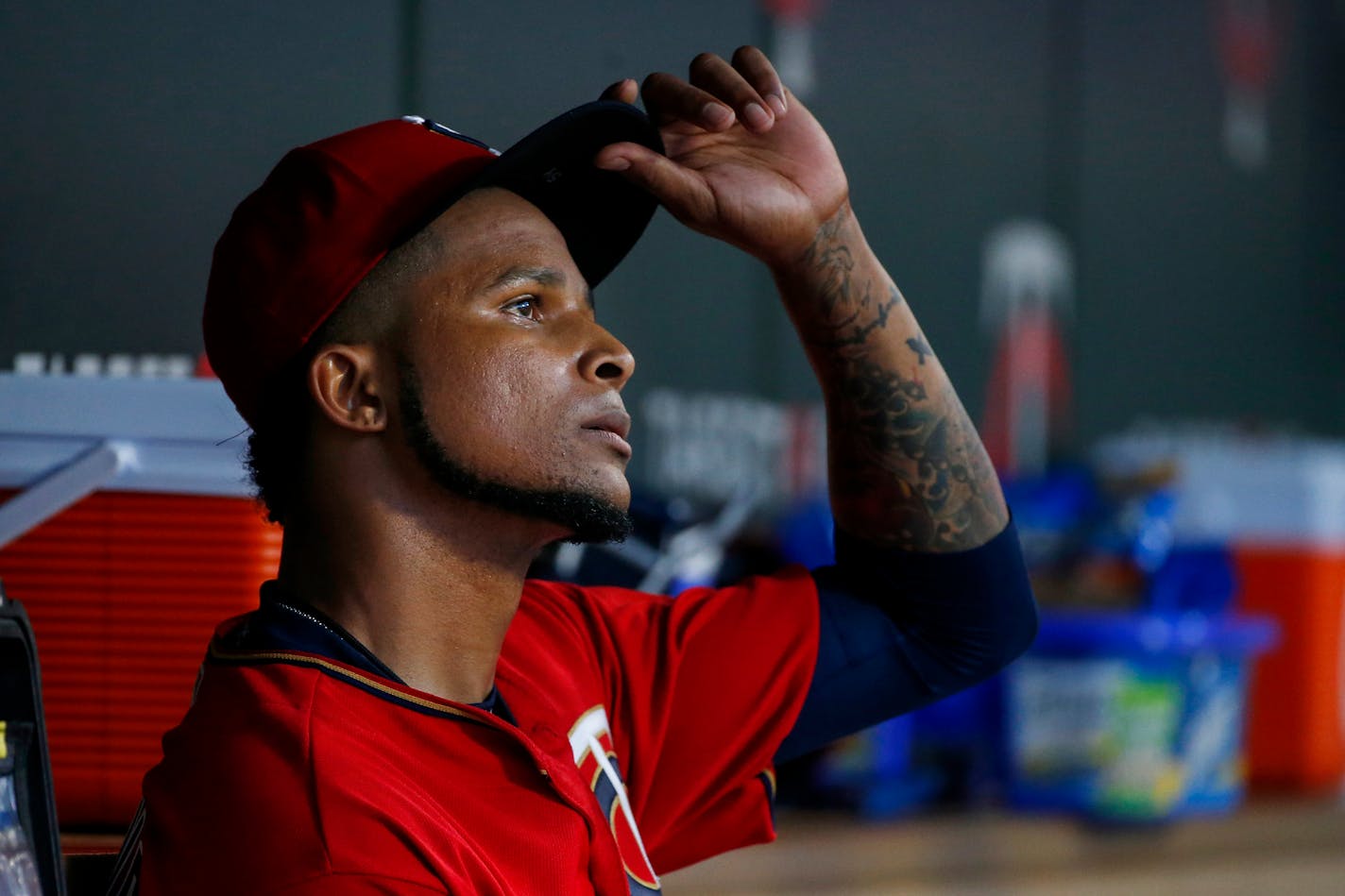 Minnesota Twins starting pitcher Ervin Santana sits in the dugout after leaving in the fourth inning of a baseball game with the Detroit Tigers, Friday, July 21, 2017, in Minneapolis. (AP Photo/Bruce Kluckhohn)