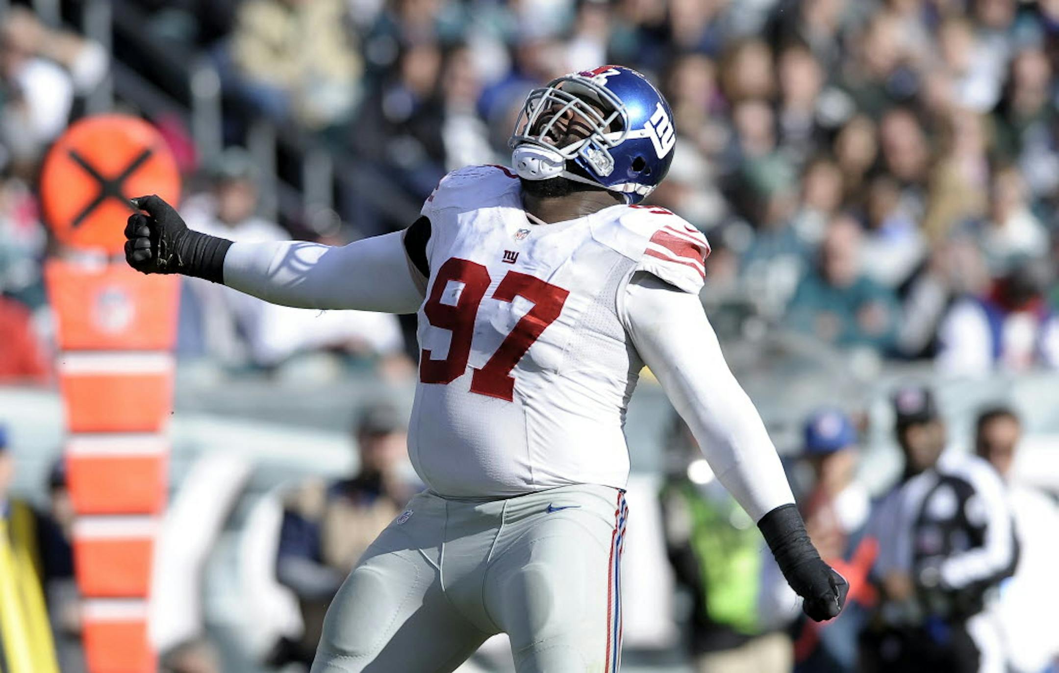 New York Giants' Linval Joseph is seen during an NFL game against the Philadelphia Eagles on Oct. 27, 2013.