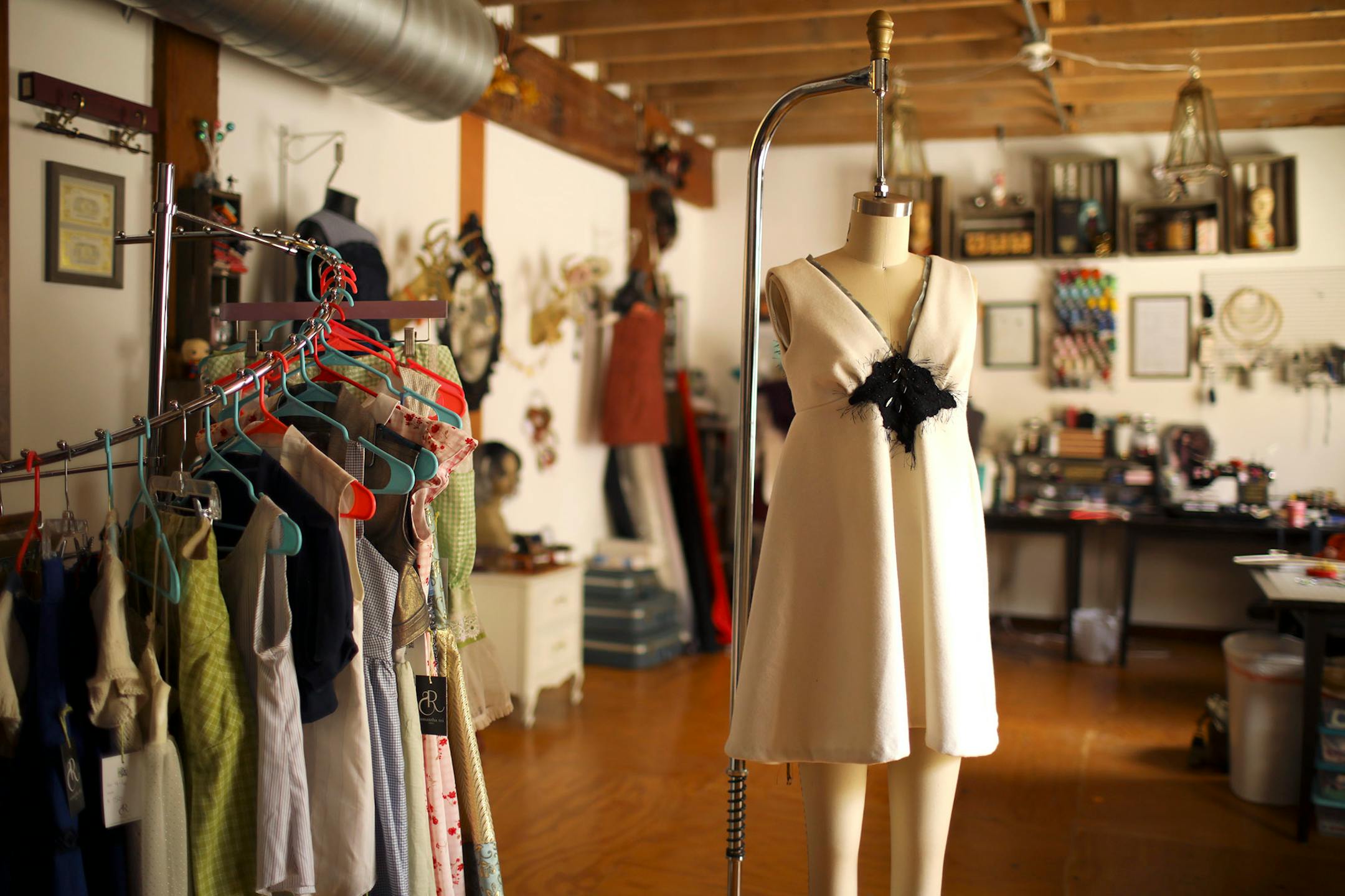 A dress by Minneapolis designer Samantha Rei on display in her Minneapolis studio.