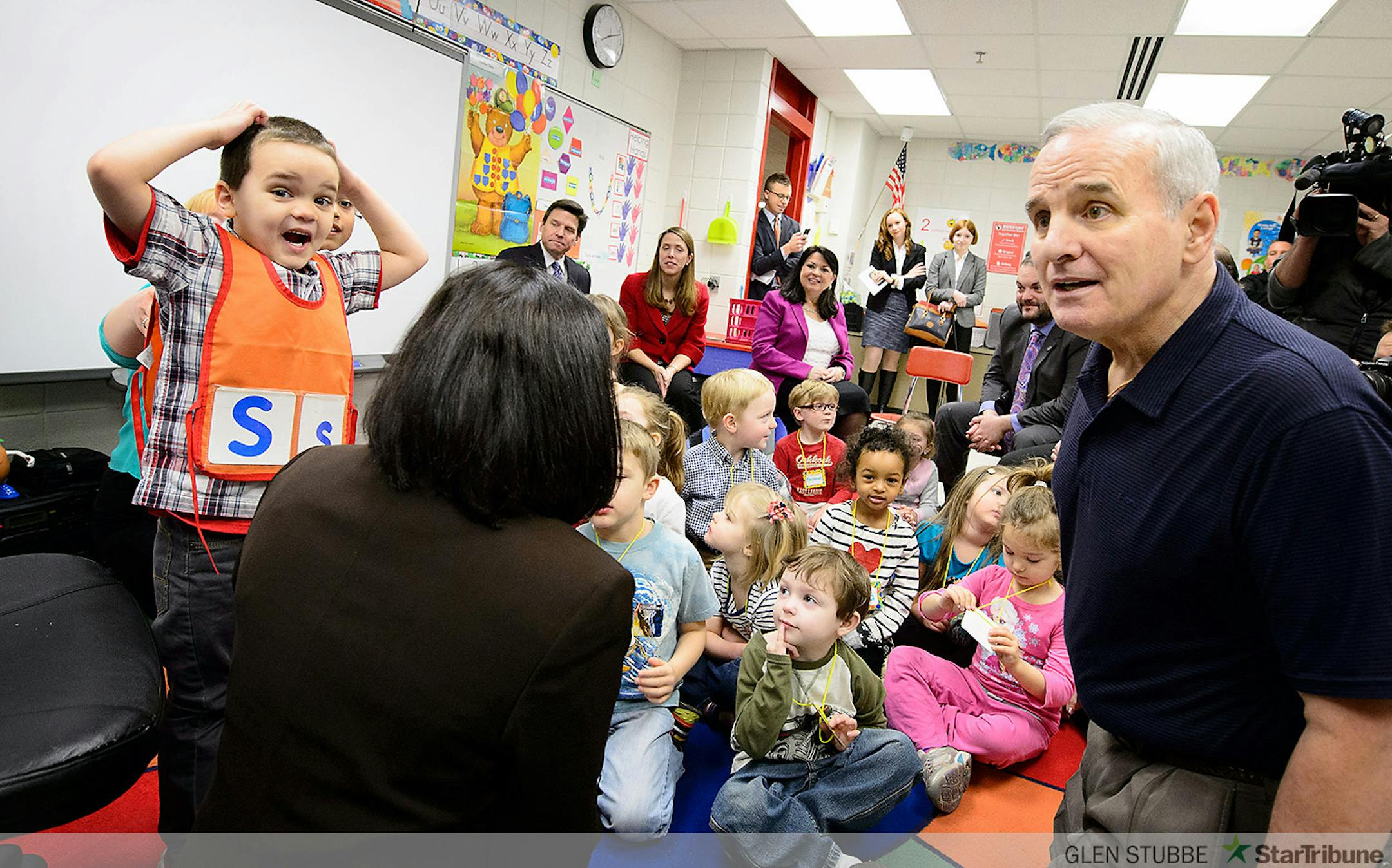 Governor Dayton watched as "letter of the week detective Marcellus School, 4, searched for things in the classroom that start with S.         ] GLEN STUBBE * gstubbe@startribune.com  Friday, March 20, 2015  Governor Mark Dayton, Education Commissioner Brenda Cassellius, and area legislators will visit a preschool classroom at Newport Elementary School.  Senator Katie Sieben, Senator Susan Kent, and Representative Dan Schoen, visited with preschool students, teachers, and parents, and discuss the impact of their proposal to send every Minnesota four-year-old to preschool.